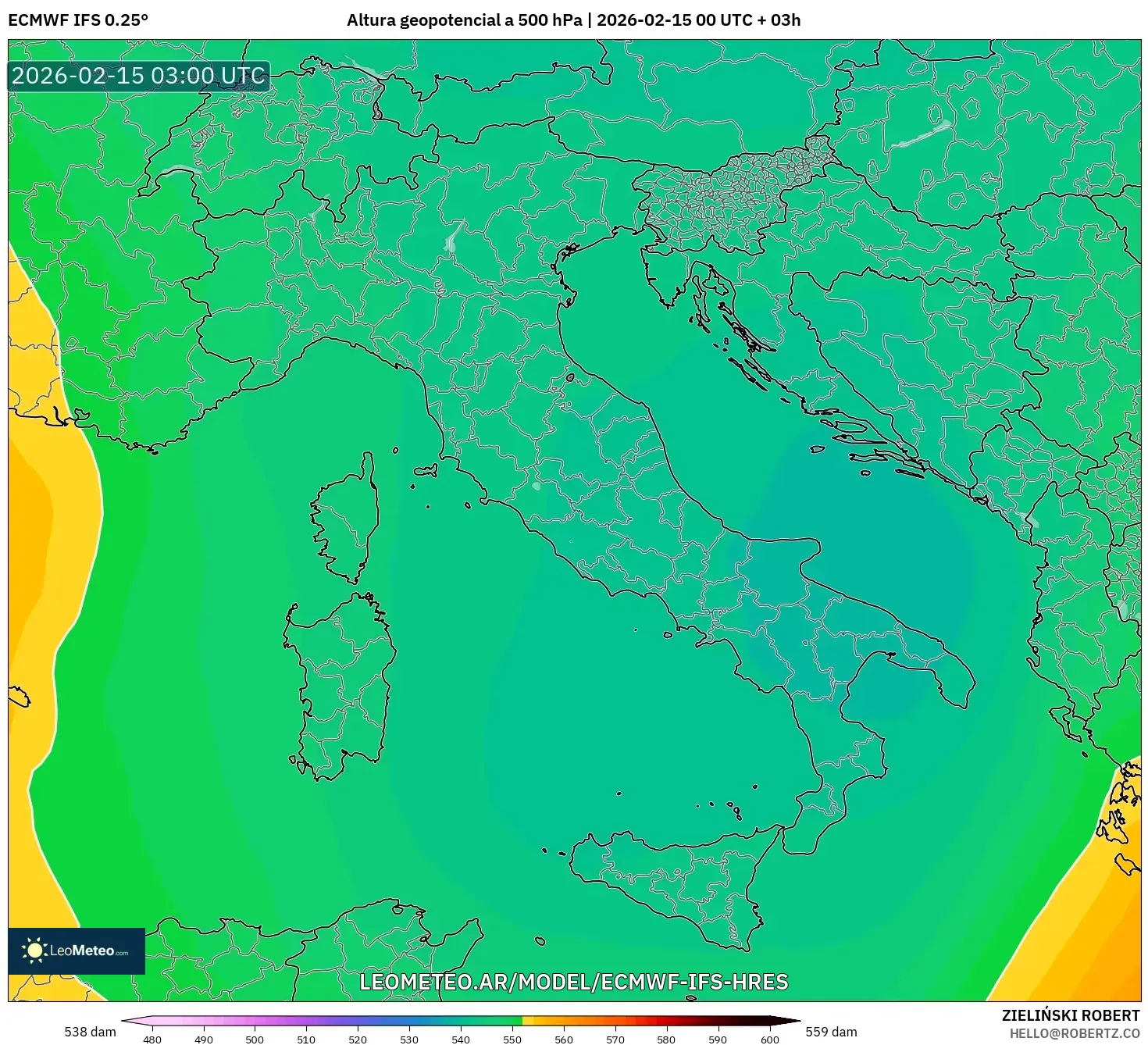ECMWF IFS 0.25° model - Italia, Altura geopotencial a 500 hPa