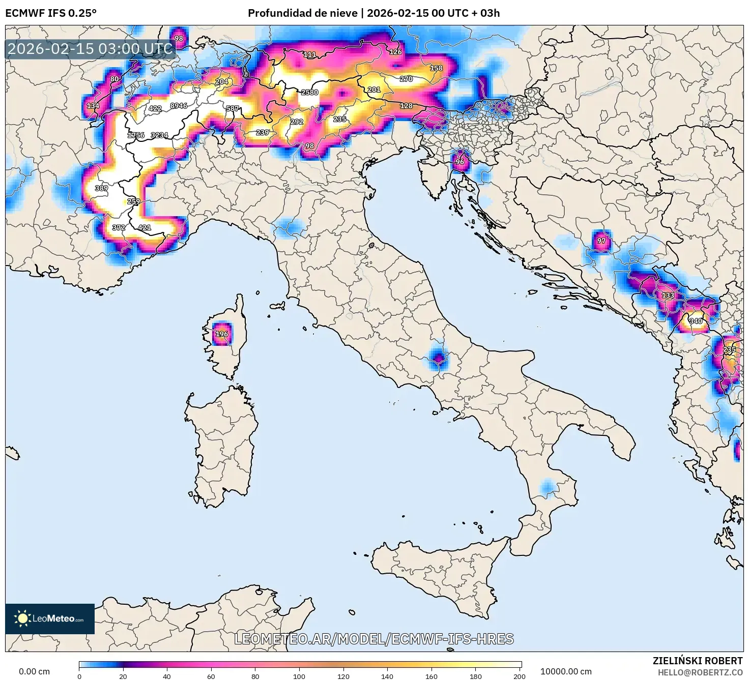 ECMWF IFS 0.25° model - Italia, Profundidad de nieve