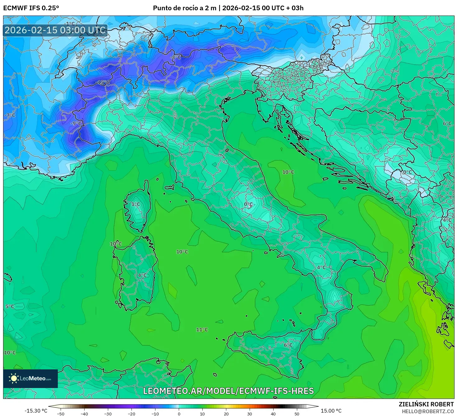 ECMWF IFS 0.25° model - Italia, Punto de rocío a 2 m