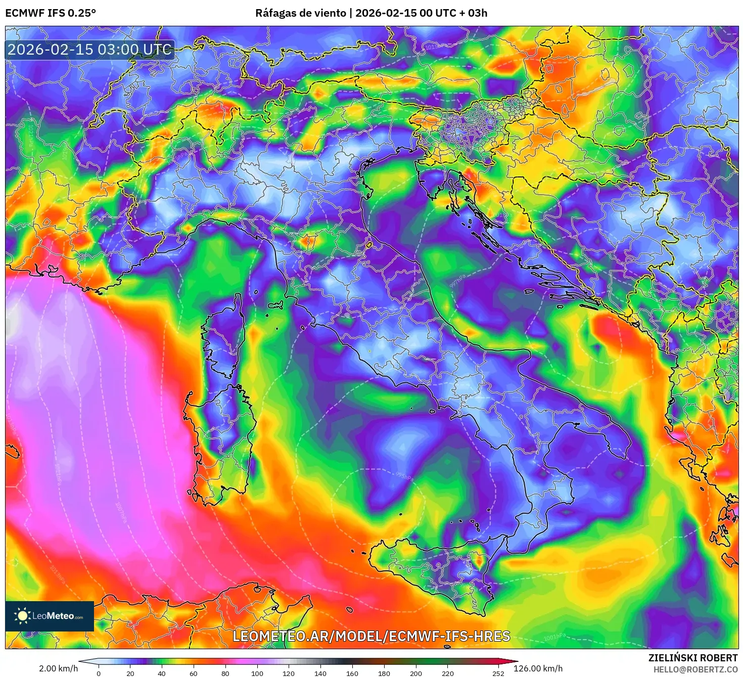 ECMWF IFS 0.25° model - Italia, Ráfagas de viento