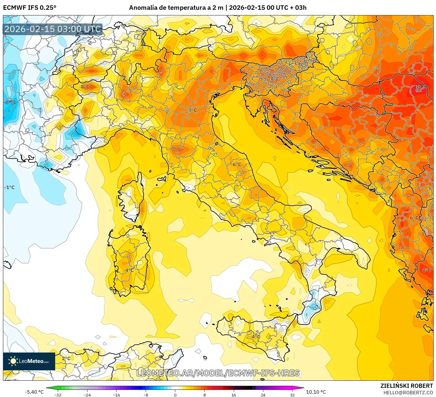 ECMWF IFS 0.25° model - Italia, Anomalía de temperatura a 2 m