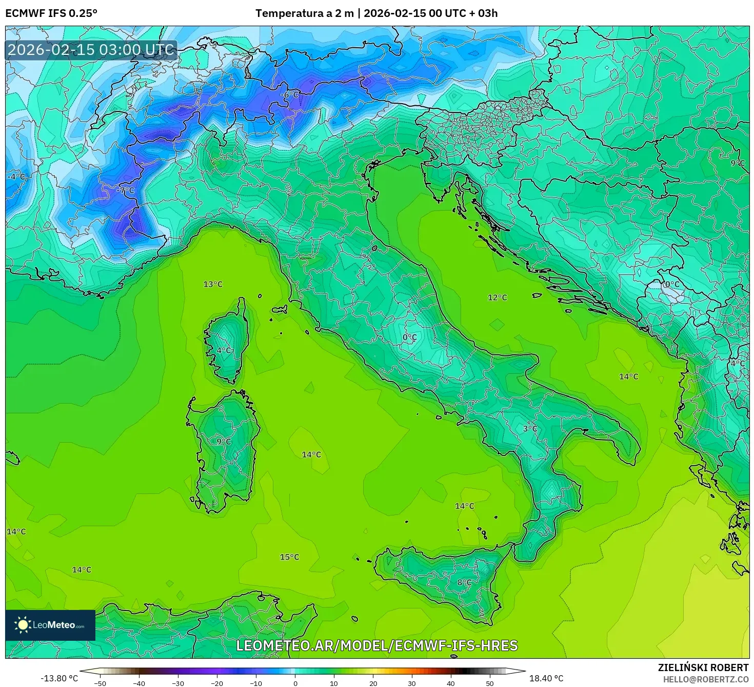 ECMWF IFS 0.25° model - Italia, Temperatura a 2 m