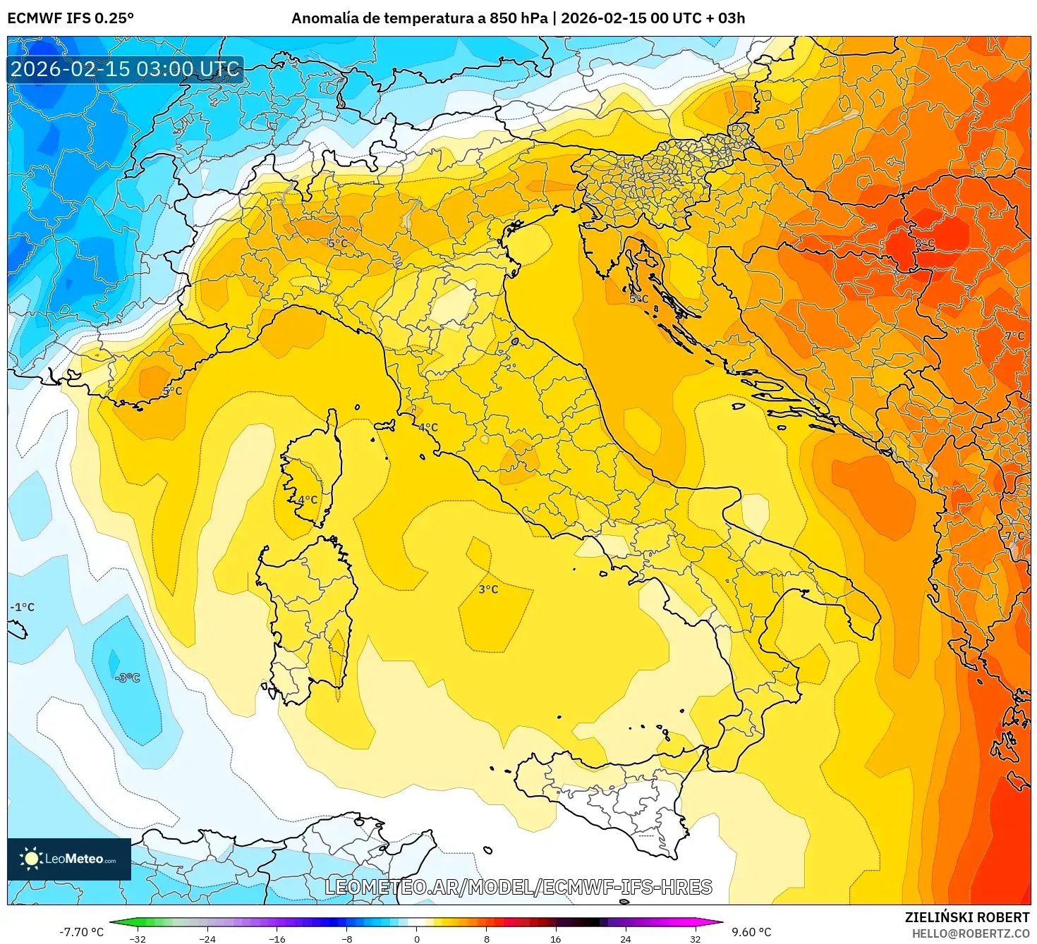 ECMWF IFS 0.25° model - Italia, Anomalía de temperatura a 850 hPa