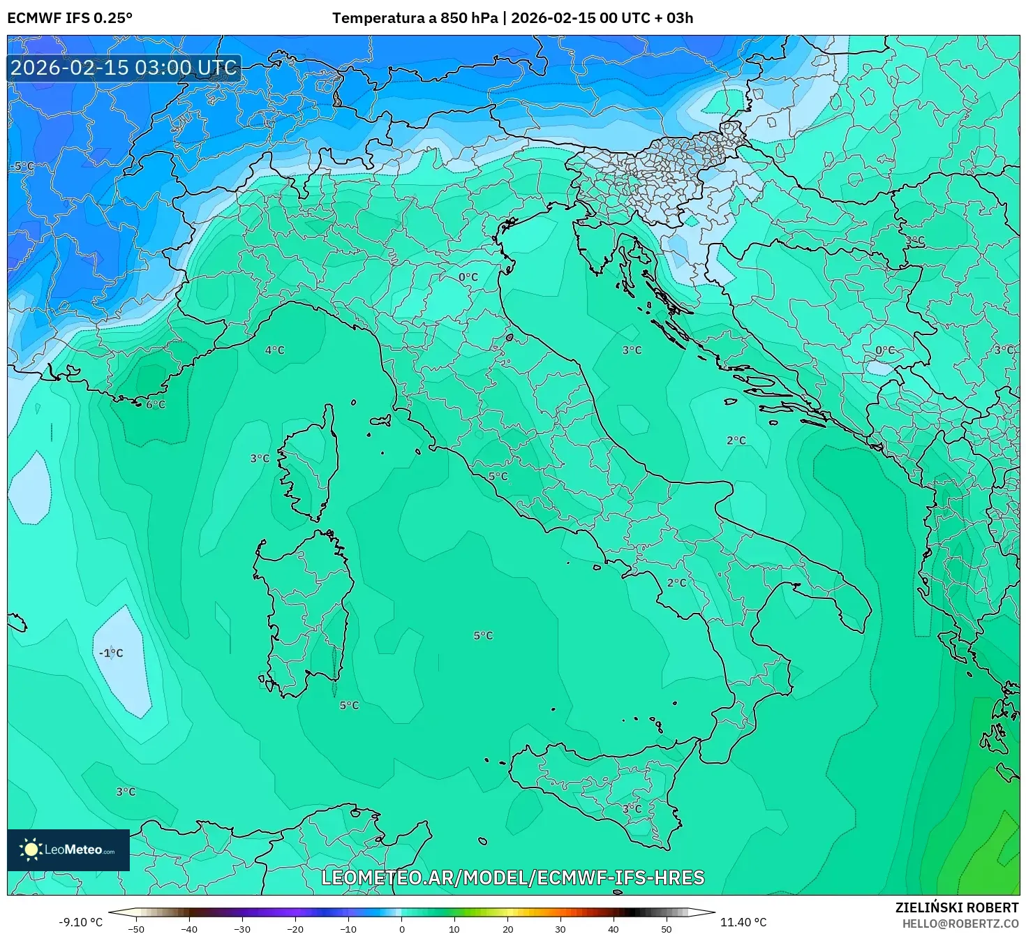 ECMWF IFS 0.25° model - Italia, Temperatura a 850 hPa