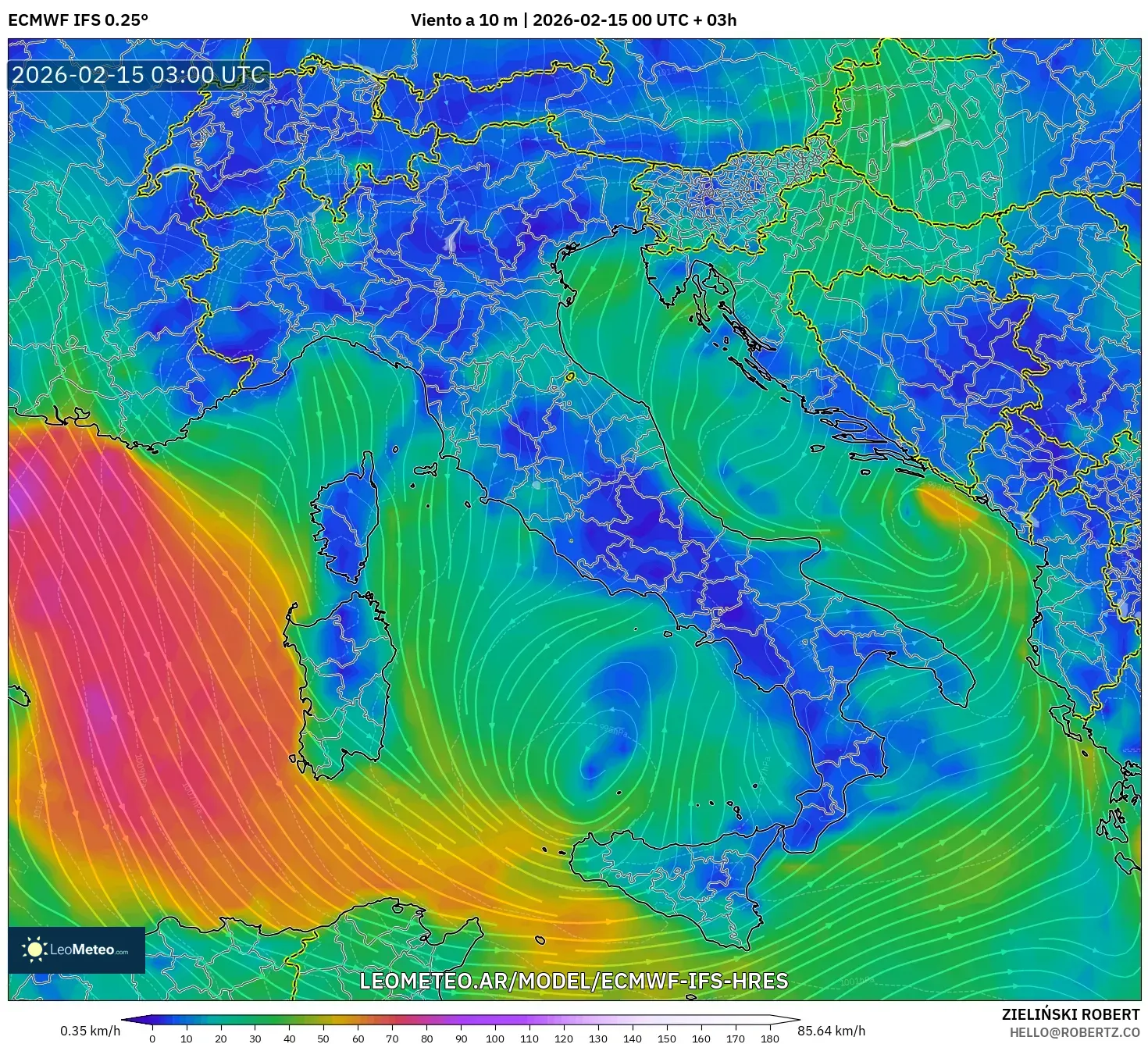 ECMWF IFS 0.25° model - Italia, Viento a 10 m