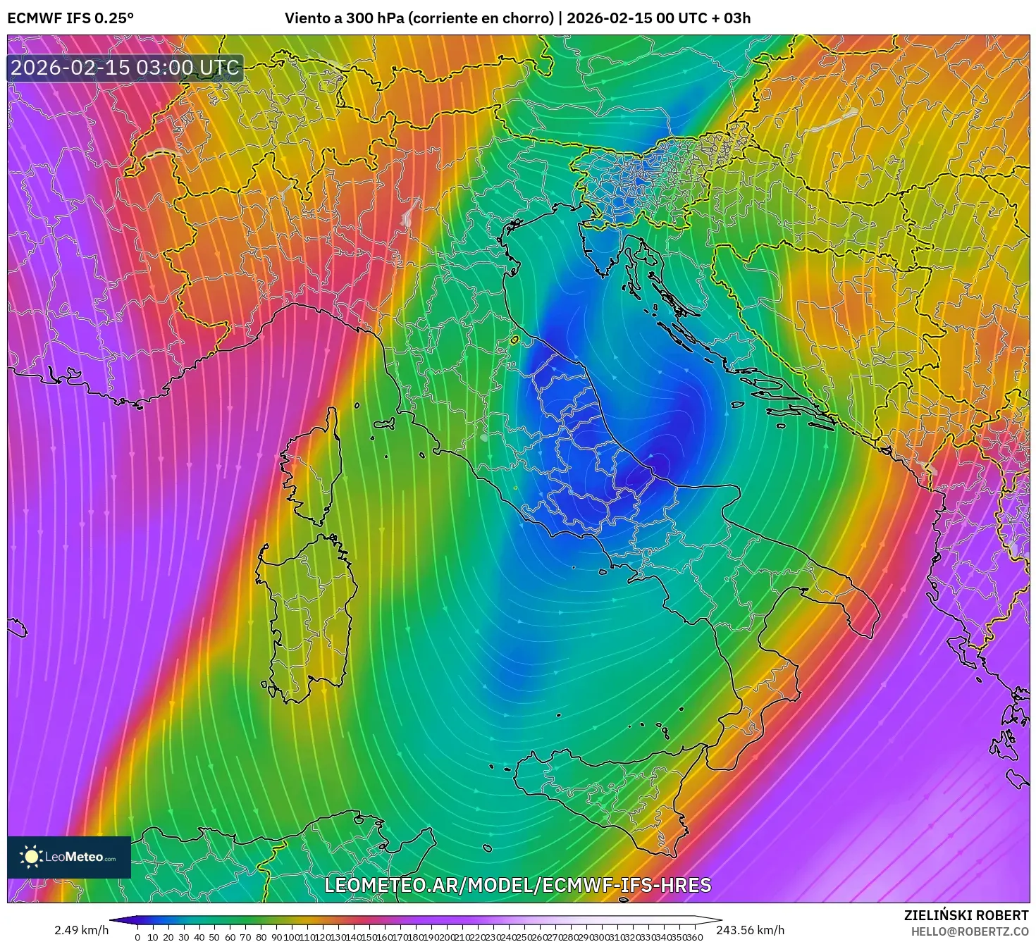ECMWF IFS 0.25° model - Italia, Viento a 300 hPa (corriente en chorro)