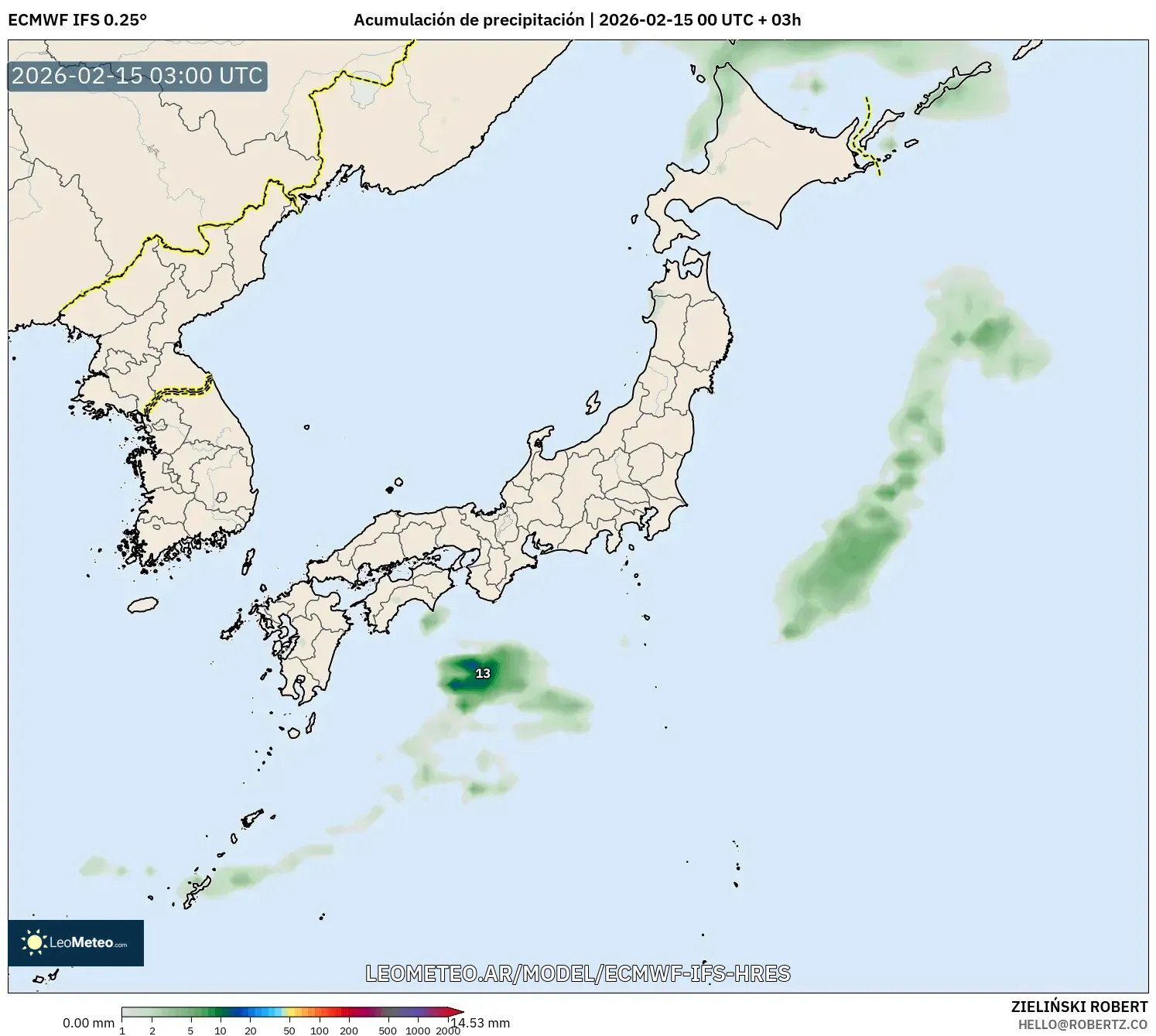 ECMWF IFS 0.25° model - Japón, Acumulación de precipitación