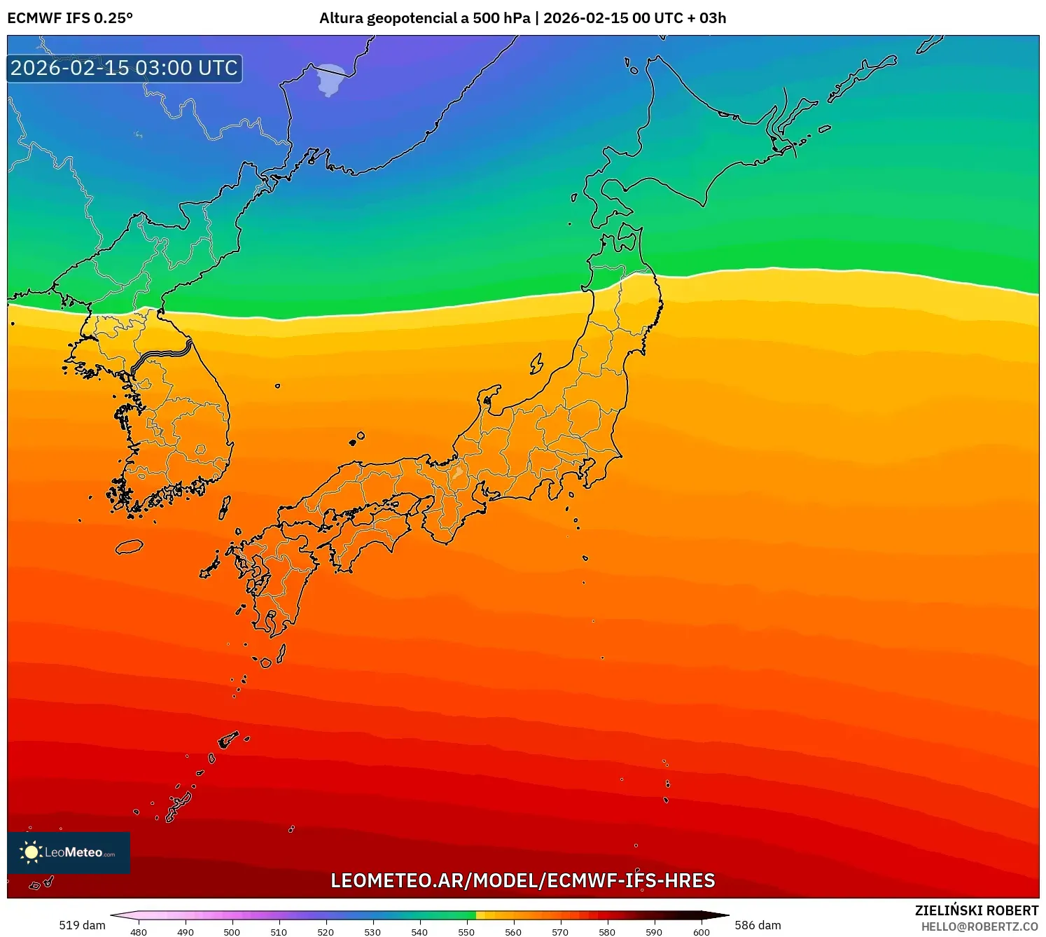 ECMWF IFS 0.25° model - Japón, Altura geopotencial a 500 hPa
