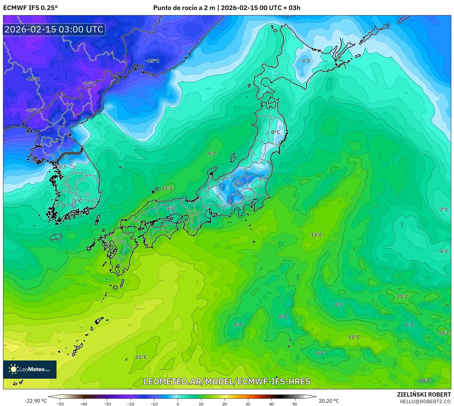 ECMWF IFS 0.25° model - Japón, Punto de rocío a 2 m