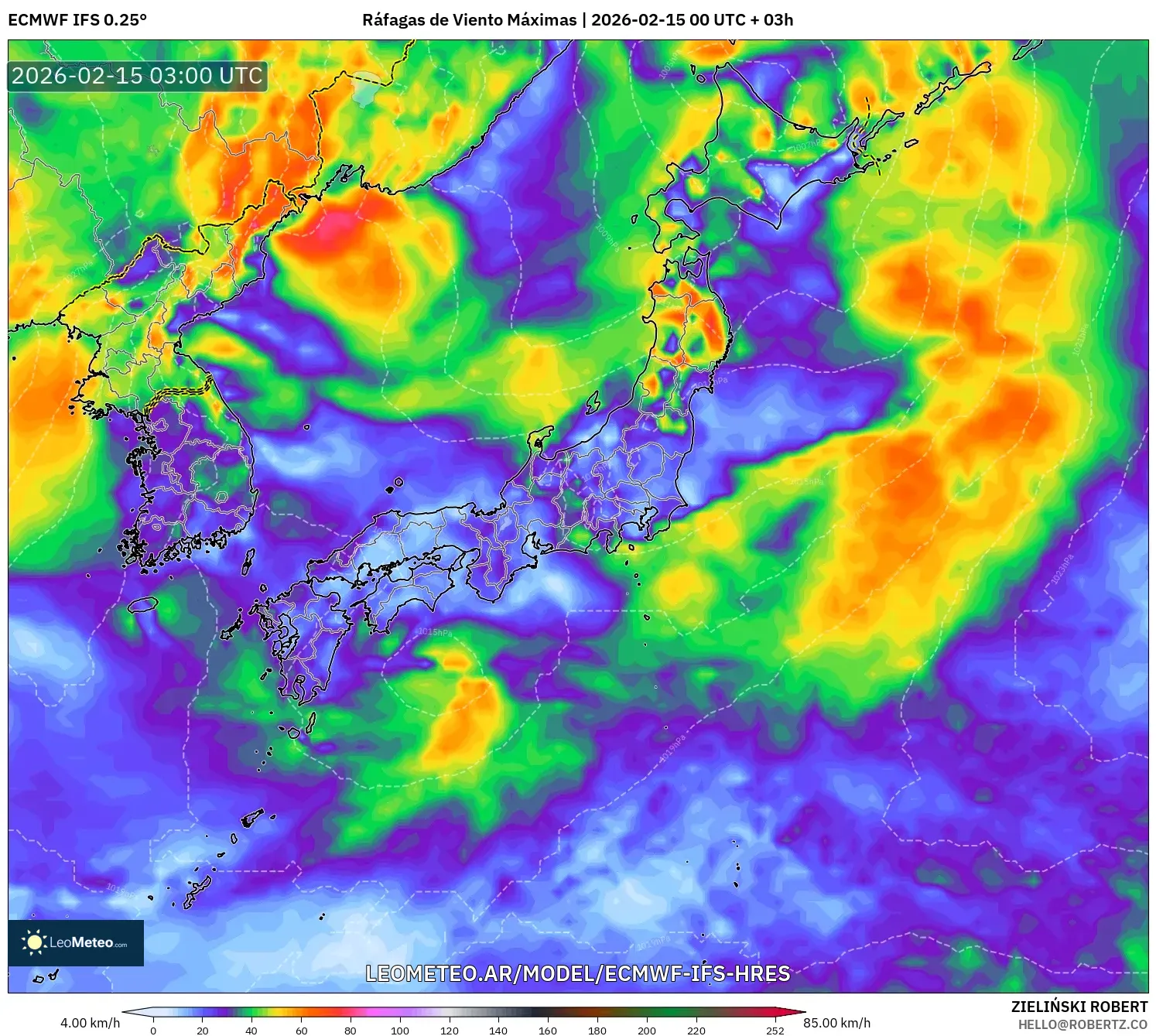 ECMWF IFS 0.25° model - Japón, Ráfagas de Viento Máximas
