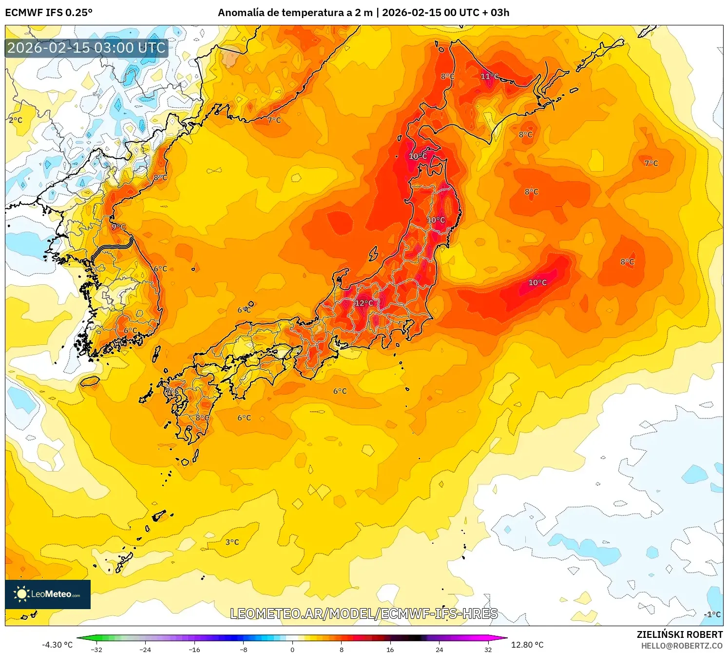 ECMWF IFS 0.25° model - Japón, Anomalía de temperatura a 2 m