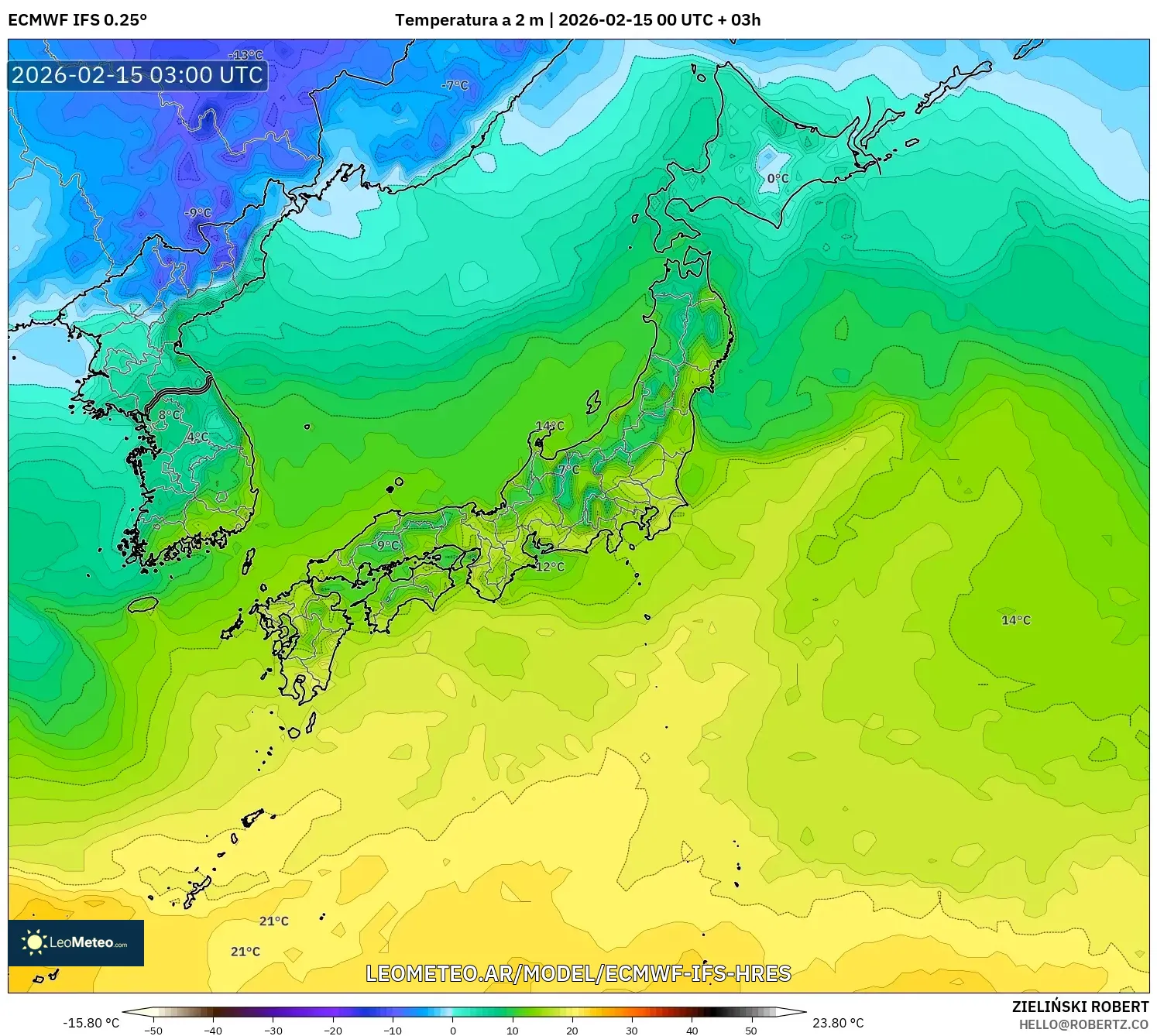 ECMWF IFS 0.25° model - Japón, Temperatura a 2 m
