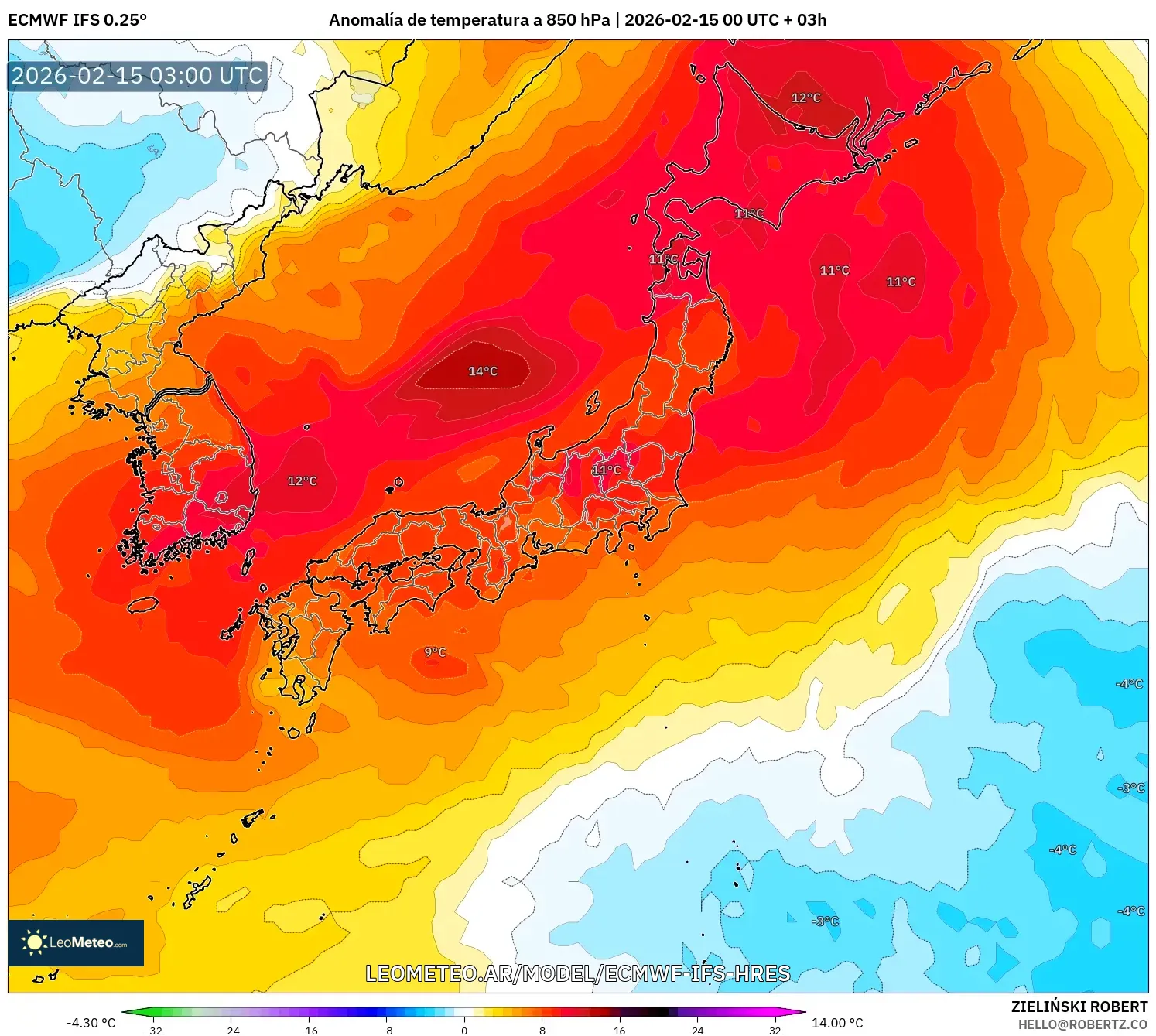 ECMWF IFS 0.25° model - Japón, Anomalía de temperatura a 850 hPa