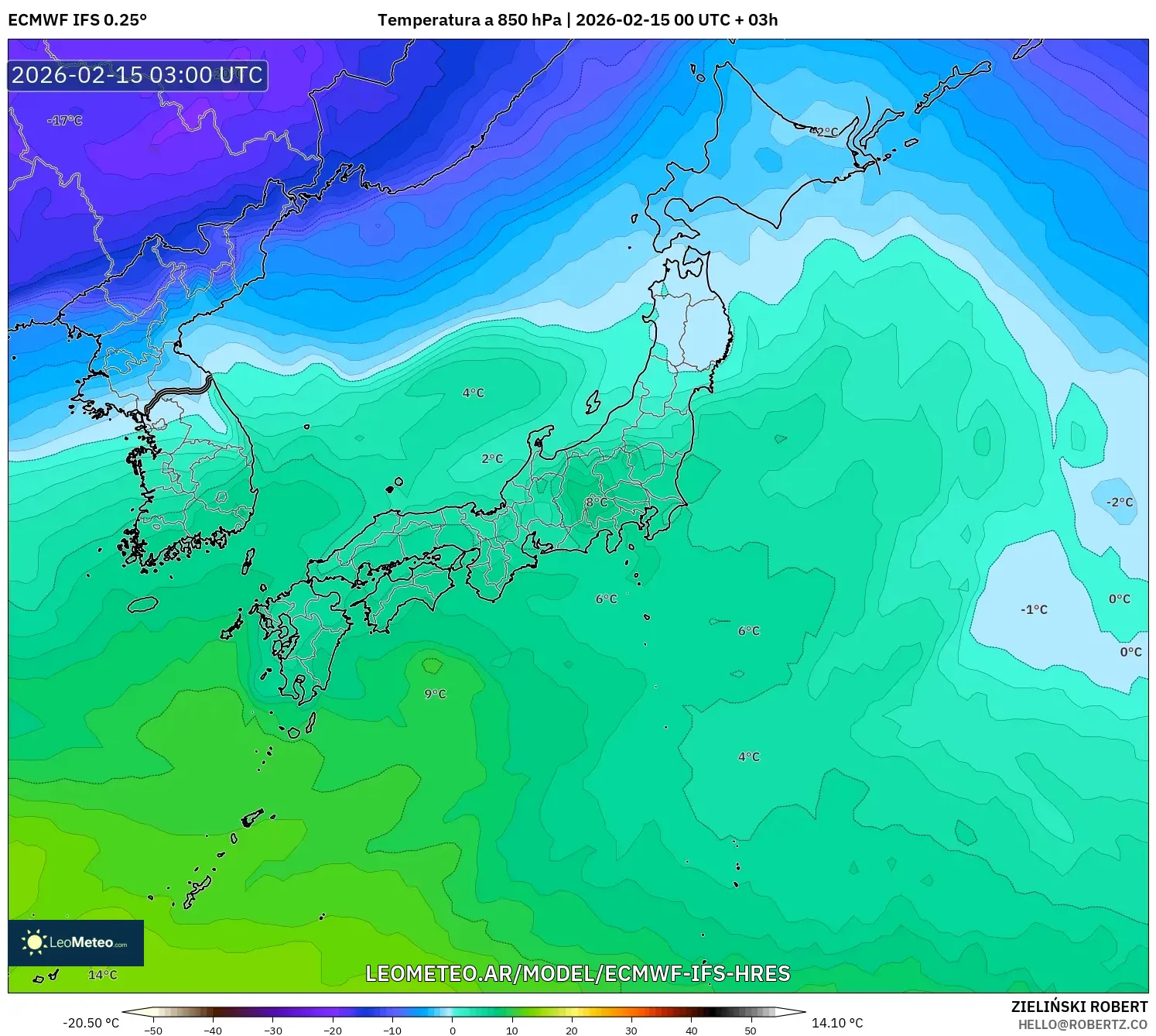 ECMWF IFS 0.25° model - Japón, Temperatura a 850 hPa