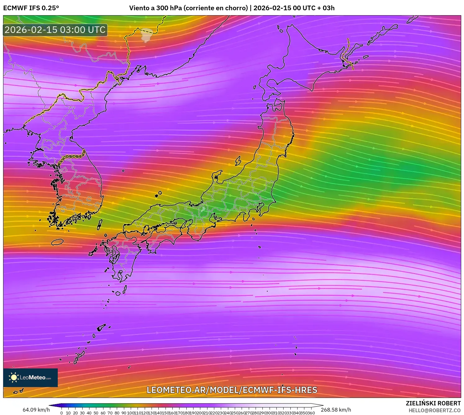 ECMWF IFS 0.25° model - Japón, Viento a 300 hPa (corriente en chorro)