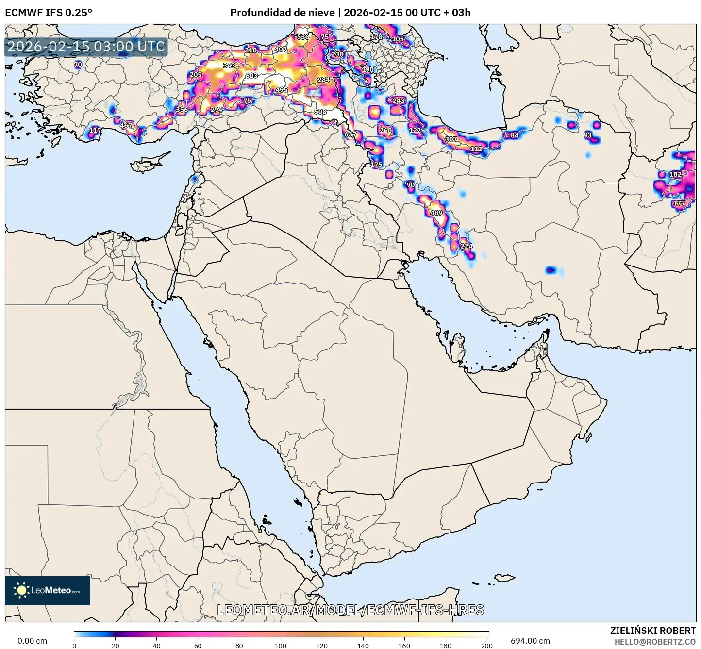 ECMWF IFS 0.25° model - Oriente Medio, Profundidad de nieve