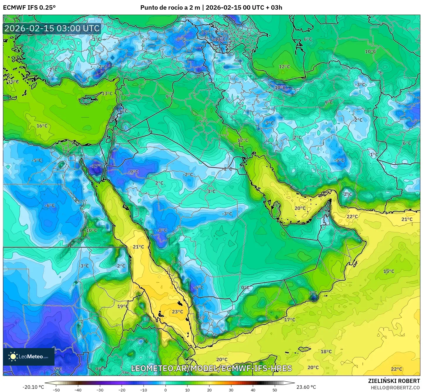 ECMWF IFS 0.25° model - Oriente Medio, Punto de rocío a 2 m