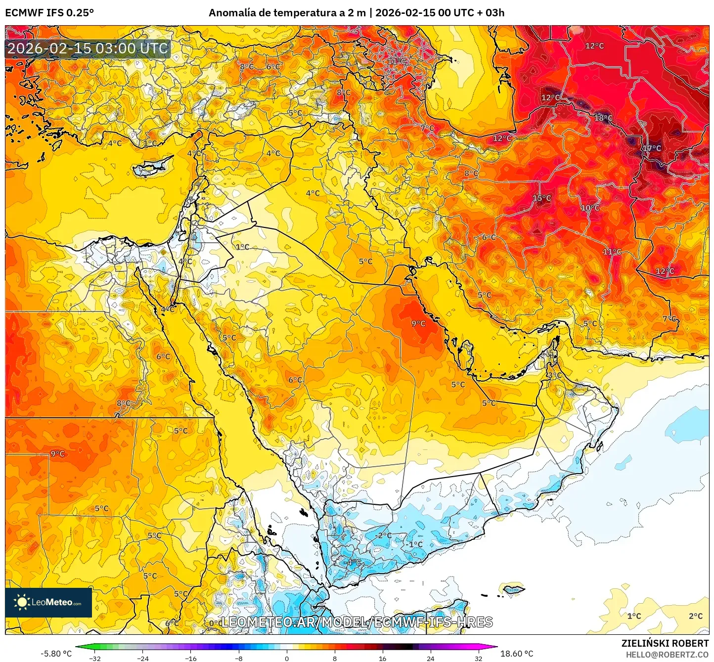 ECMWF IFS 0.25° model - Oriente Medio, Anomalía de temperatura a 2 m