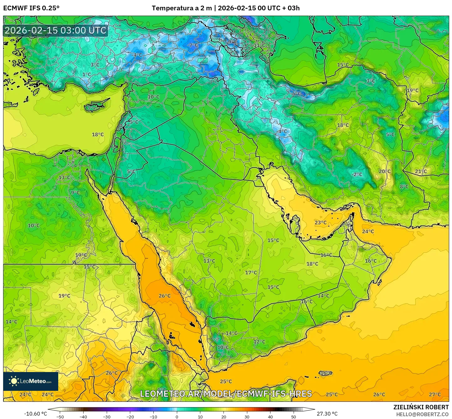 ECMWF IFS 0.25° model - Oriente Medio, Temperatura a 2 m