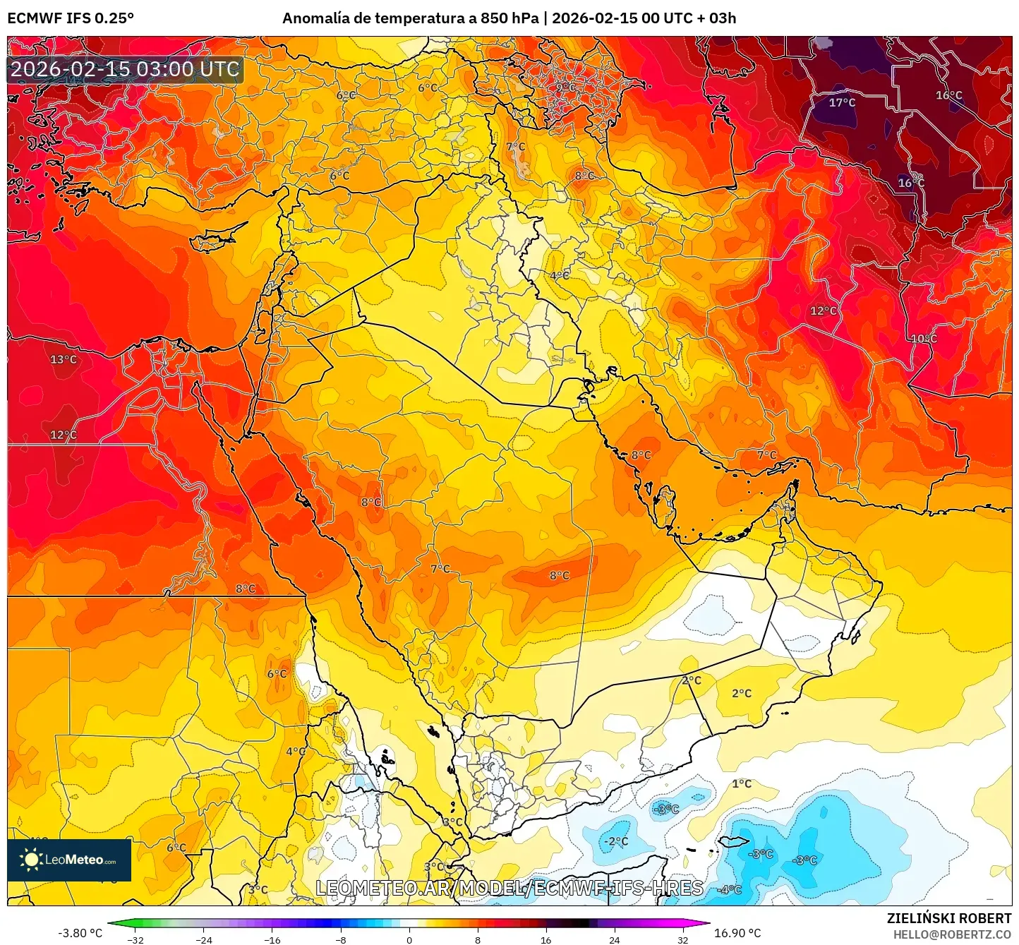 ECMWF IFS 0.25° model - Oriente Medio, Anomalía de temperatura a 850 hPa