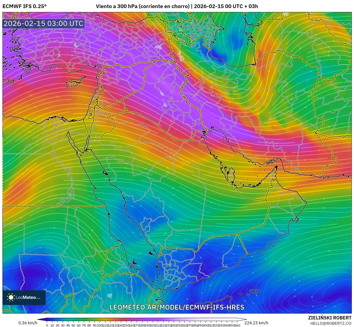 ECMWF IFS 0.25° model - Oriente Medio, Viento a 300 hPa (corriente en chorro)