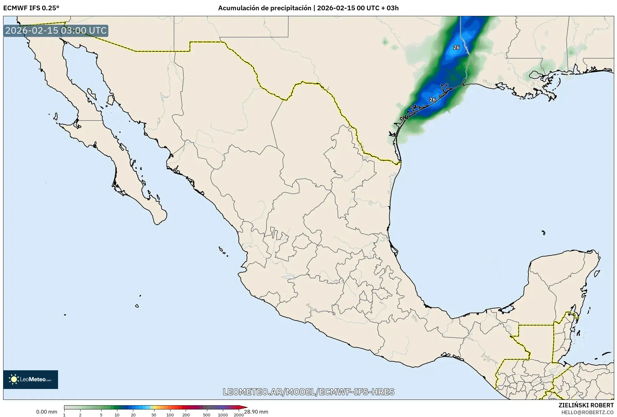 ECMWF IFS 0.25° model - México, Acumulación de precipitación