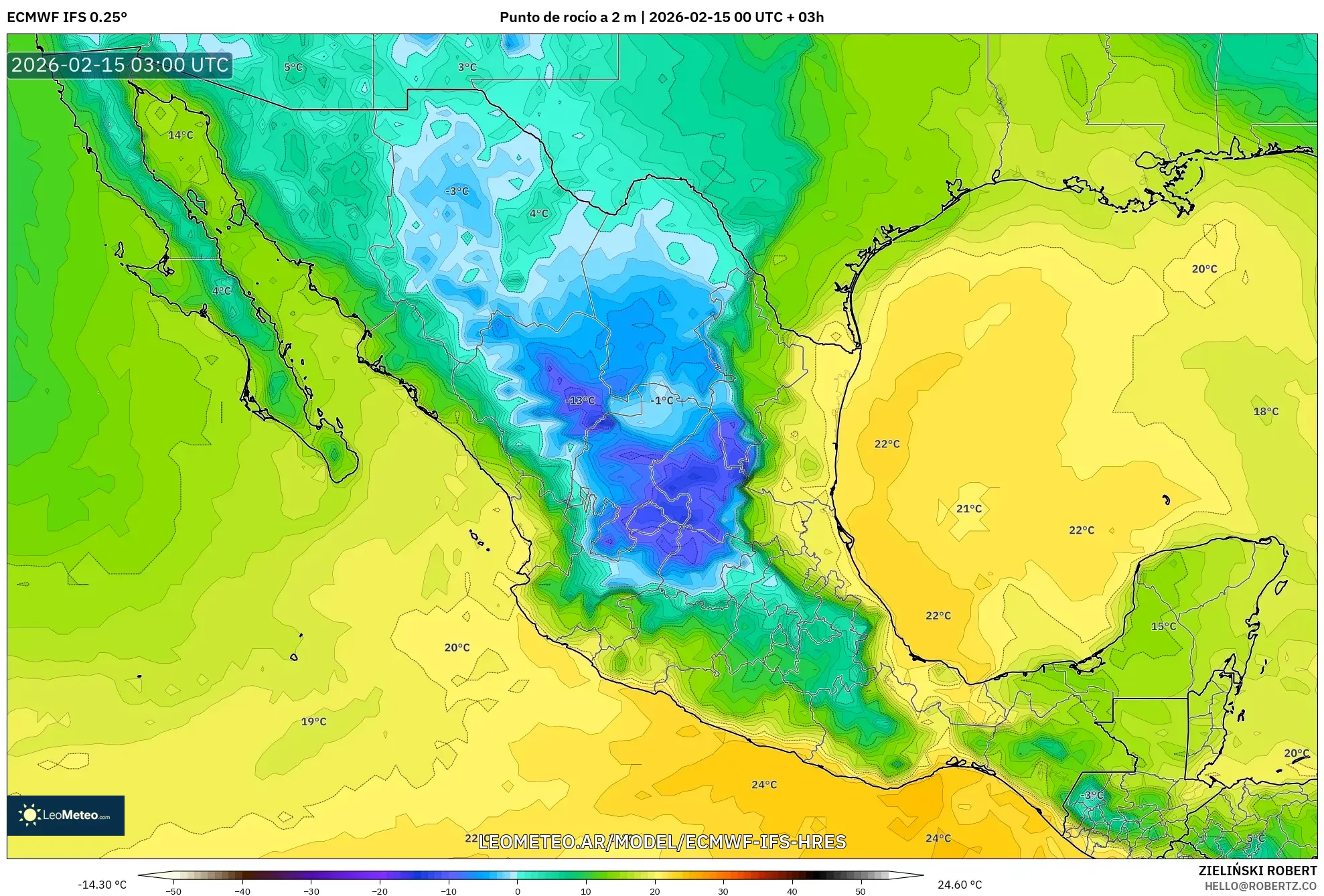 ECMWF IFS 0.25° model - México, Punto de rocío a 2 m