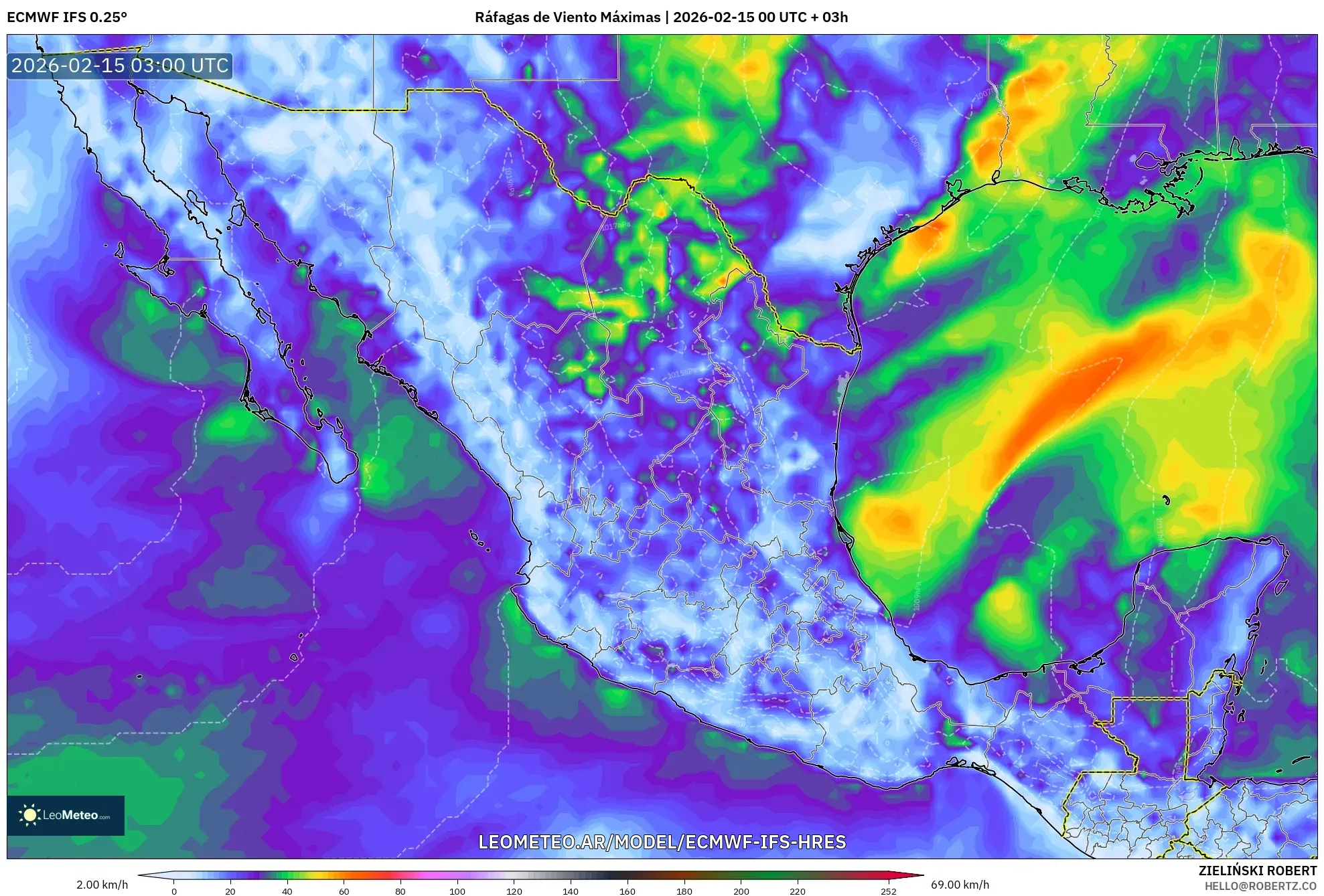 ECMWF IFS 0.25° model - México, Ráfagas de Viento Máximas