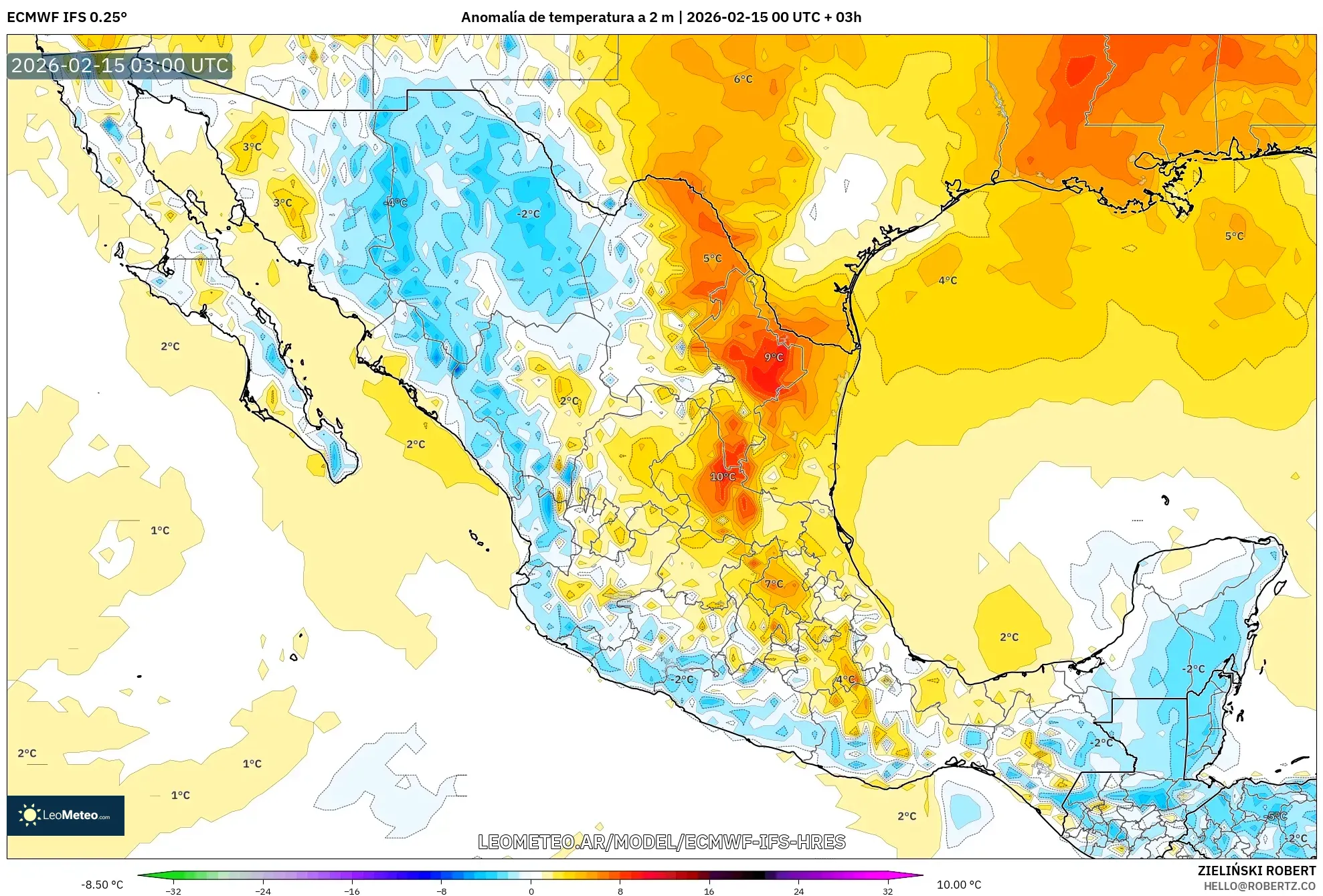 ECMWF IFS 0.25° model - México, Anomalía de temperatura a 2 m