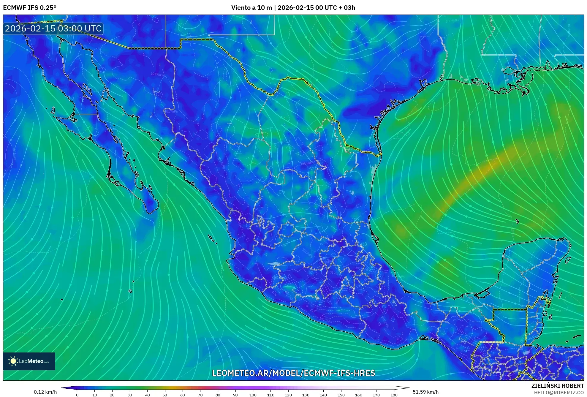 ECMWF IFS 0.25° model - México, Viento a 10 m