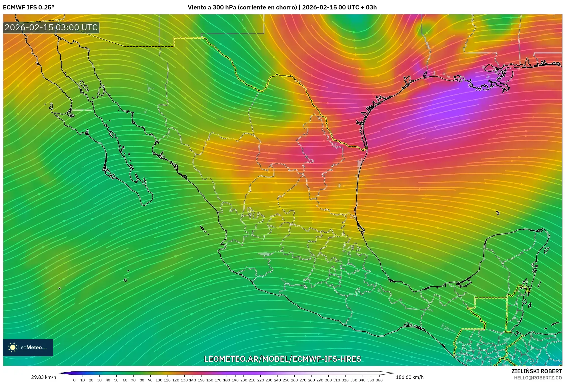 ECMWF IFS 0.25° model - México, Viento a 300 hPa (corriente en chorro)