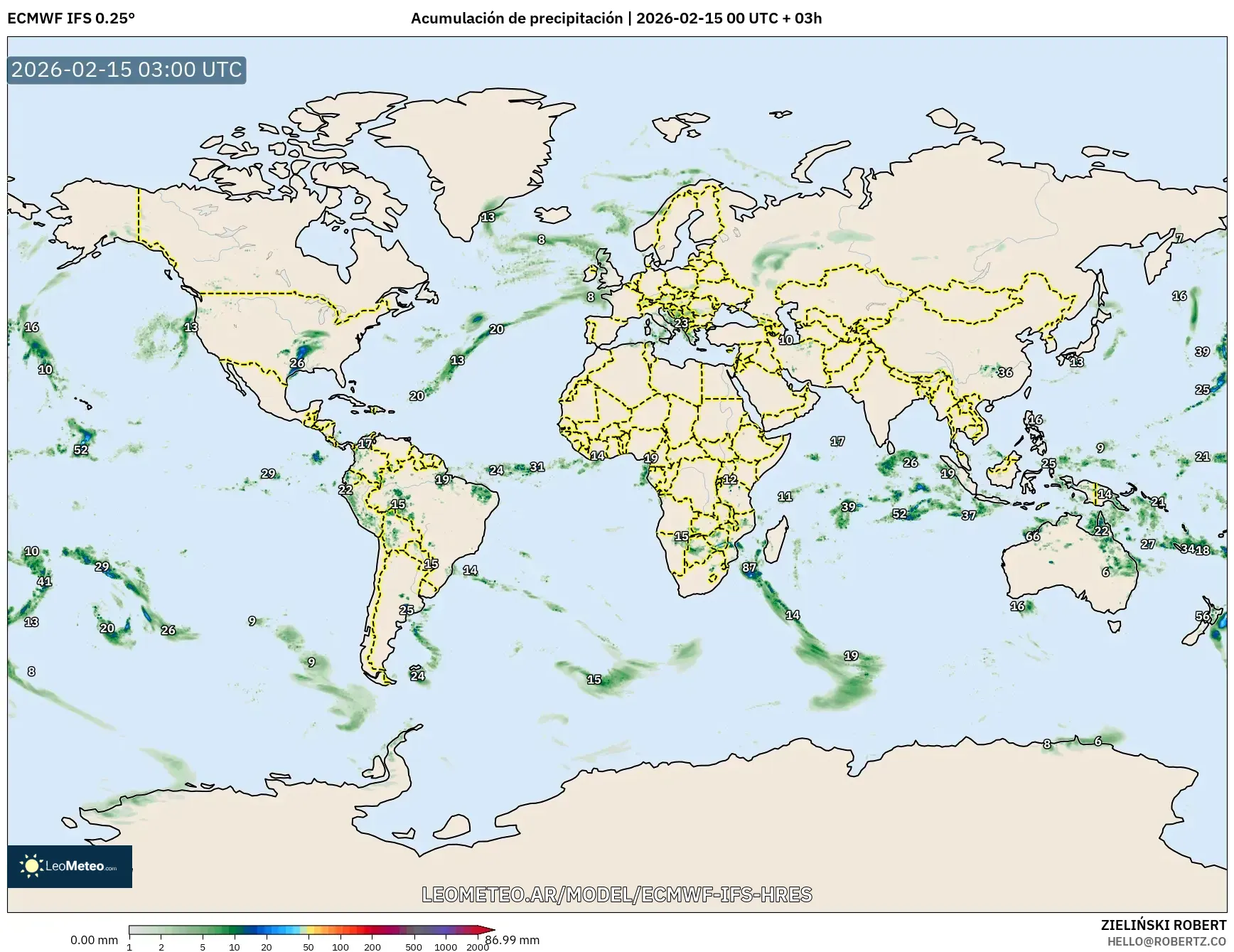 ECMWF IFS 0.25° model - Mundo, Acumulación de precipitación