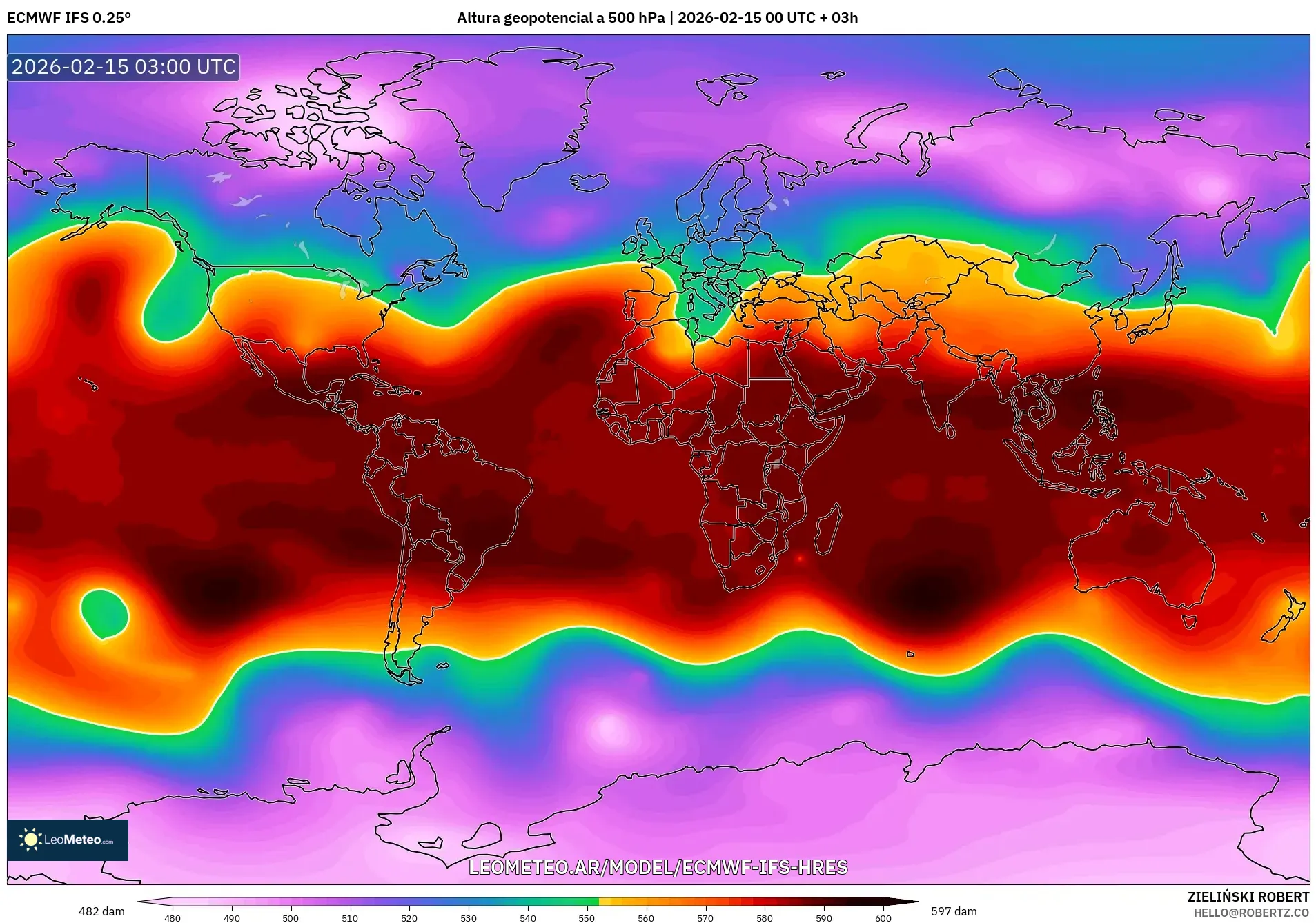 ECMWF IFS 0.25° model - Mundo, Altura geopotencial a 500 hPa