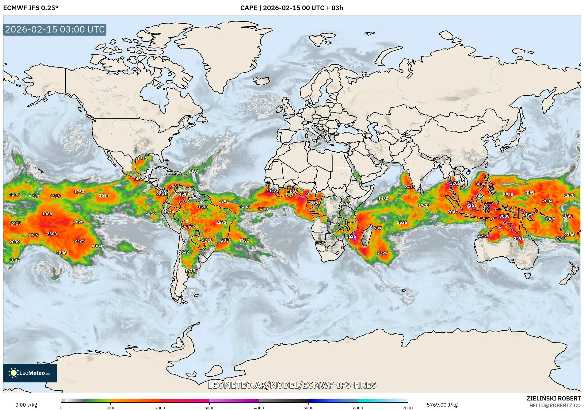 ECMWF IFS 0.25° model - Mundo, CAPE
