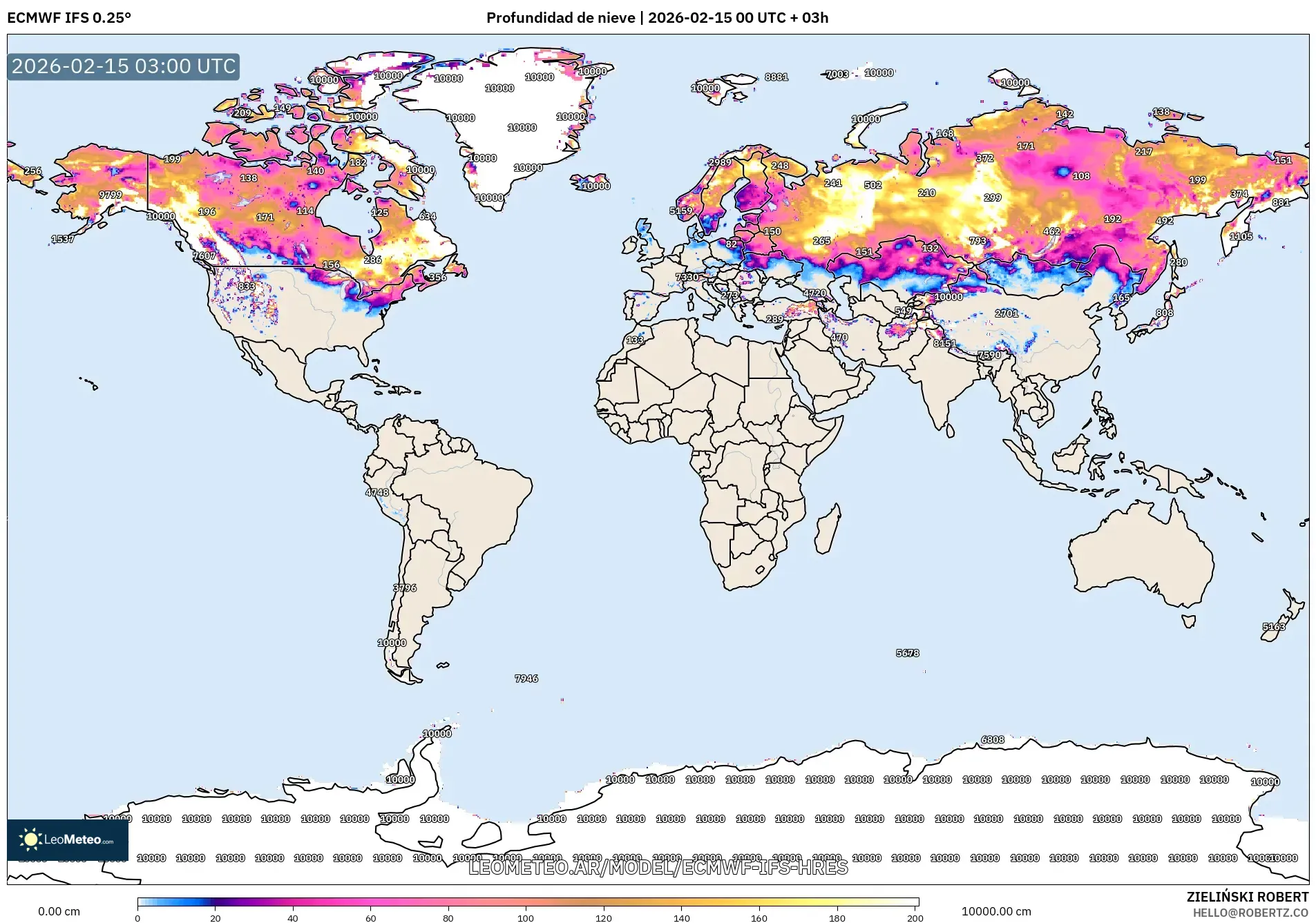 ECMWF IFS 0.25° model - Mundo, Profundidad de nieve
