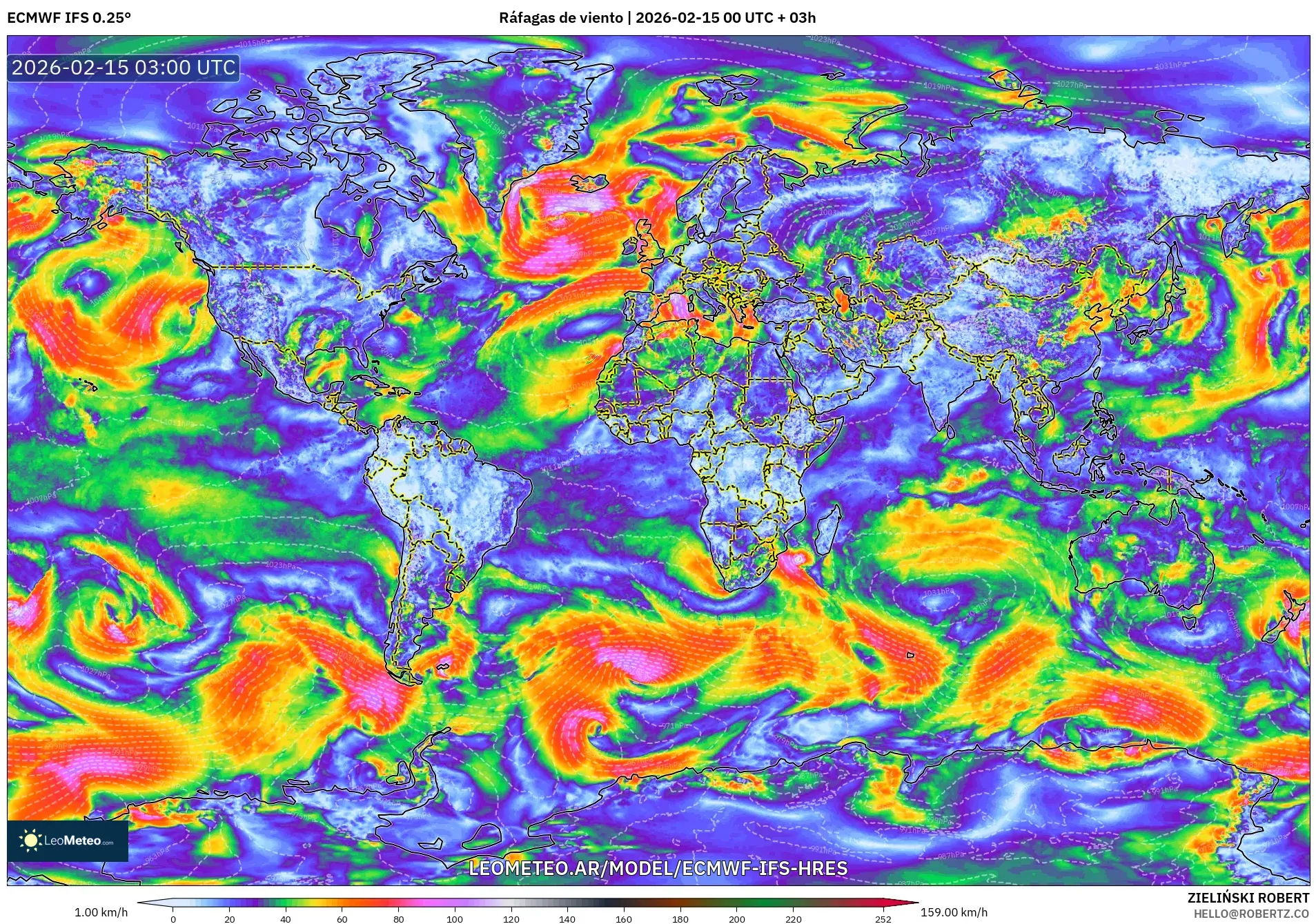ECMWF IFS 0.25° model - Mundo, Ráfagas de viento