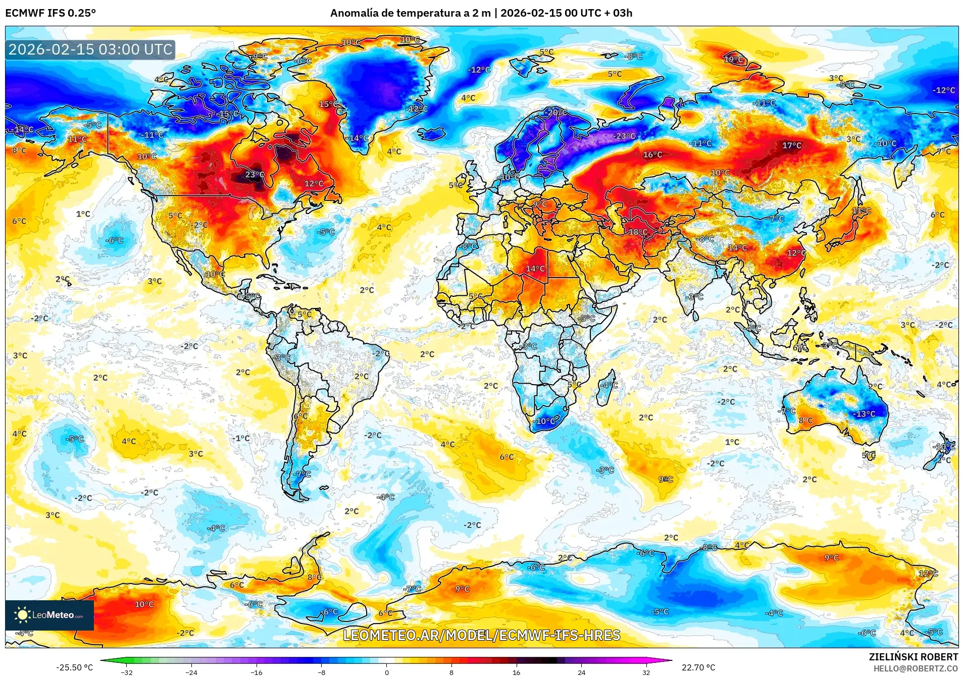 ECMWF IFS 0.25° model - Mundo, Anomalía de temperatura a 2 m