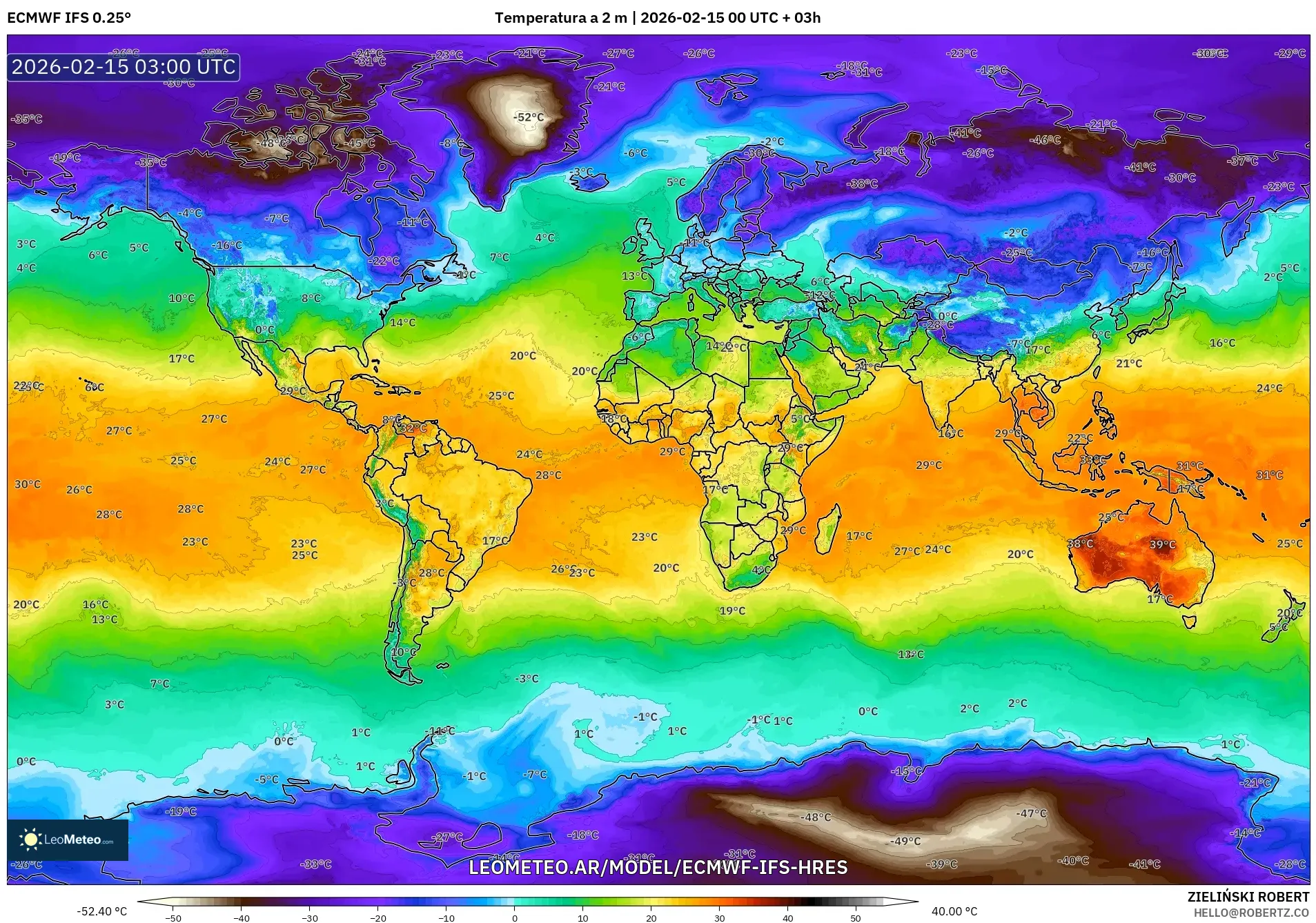 ECMWF IFS 0.25° model - Mundo, Temperatura a 2 m