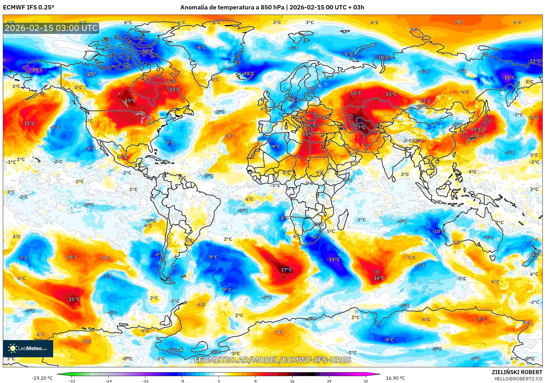 ECMWF IFS 0.25° model - Mundo, Anomalía de temperatura a 850 hPa