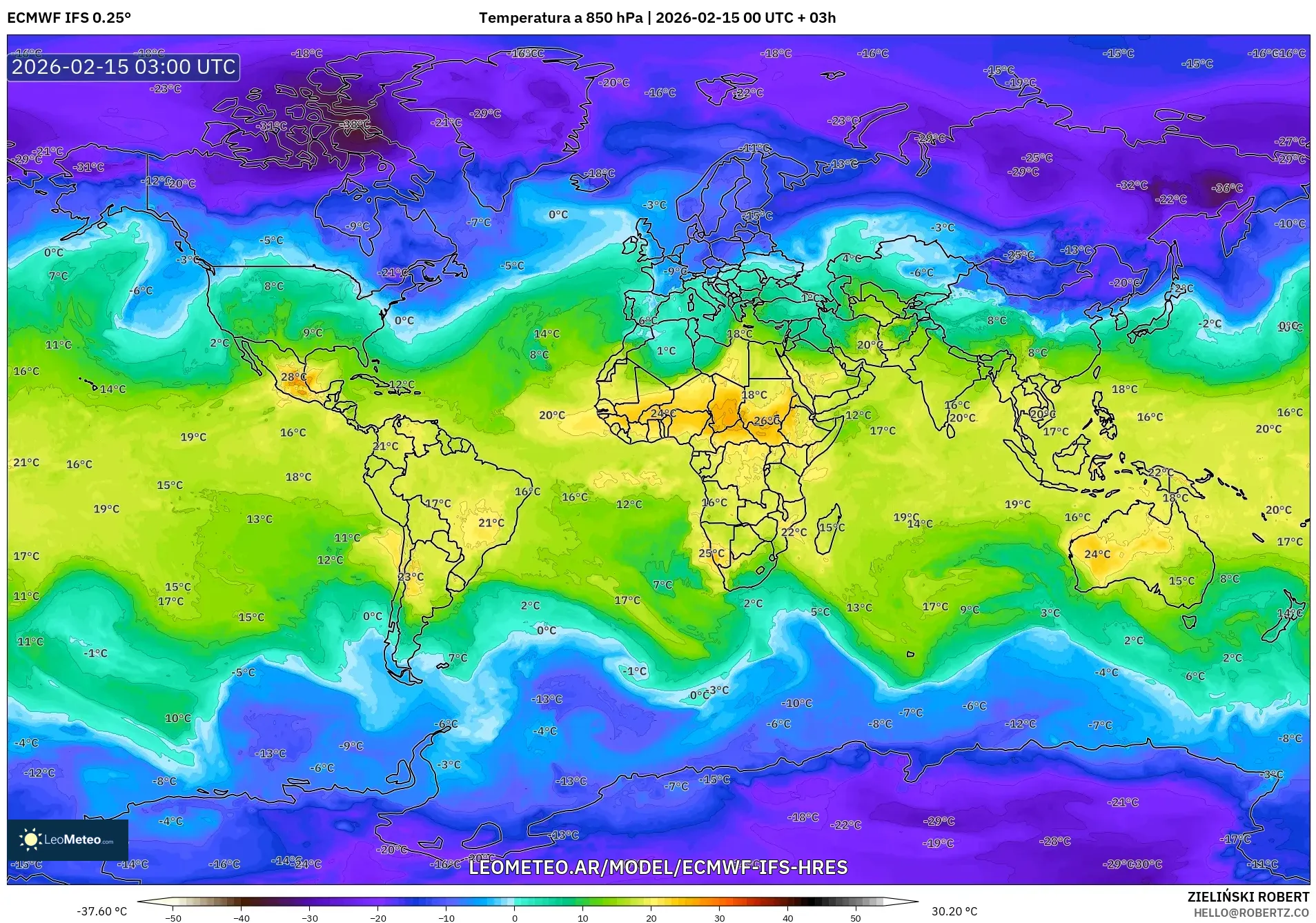 ECMWF IFS 0.25° model - Mundo, Temperatura a 850 hPa
