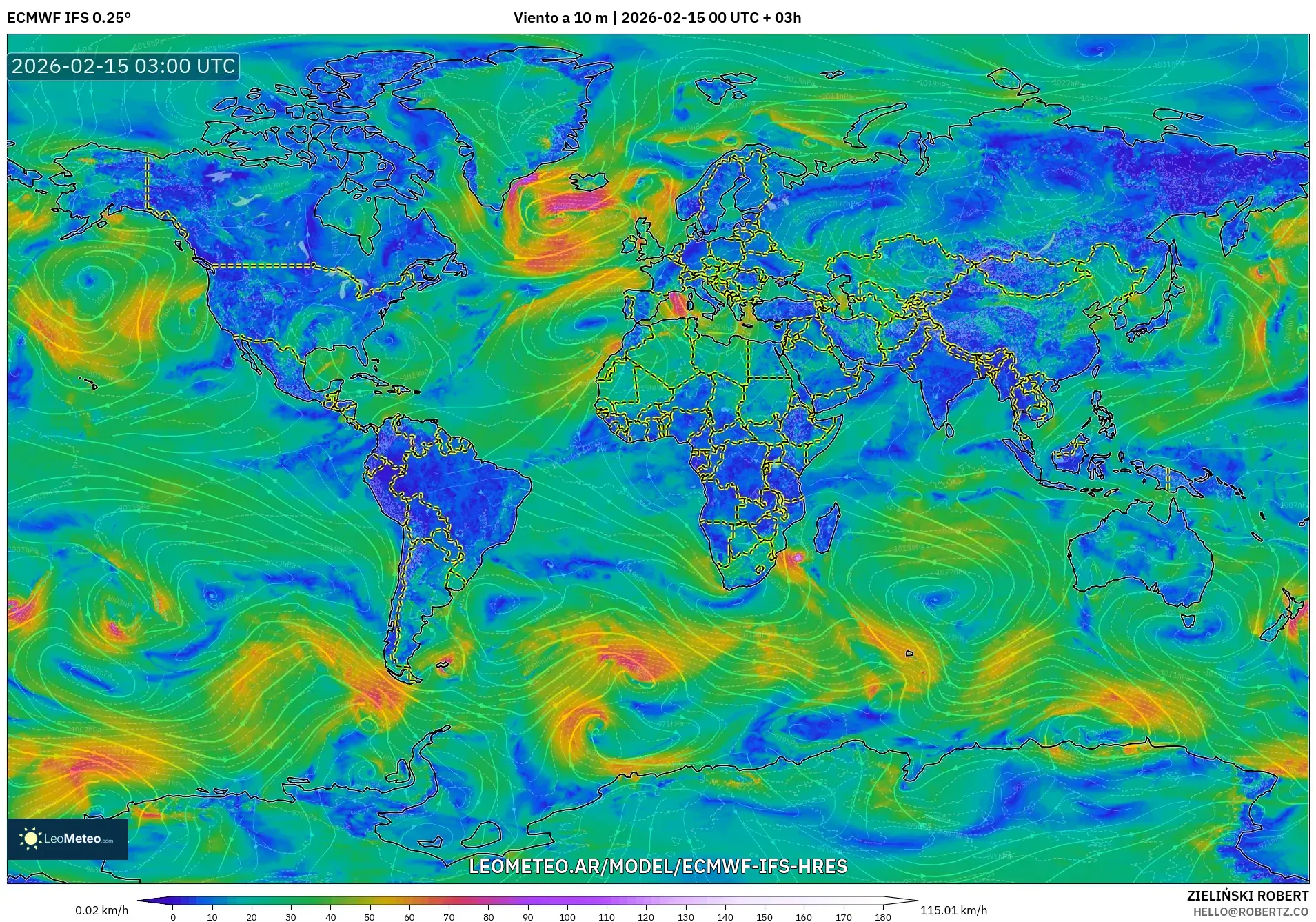 ECMWF IFS 0.25° model - Mundo, Viento a 10 m