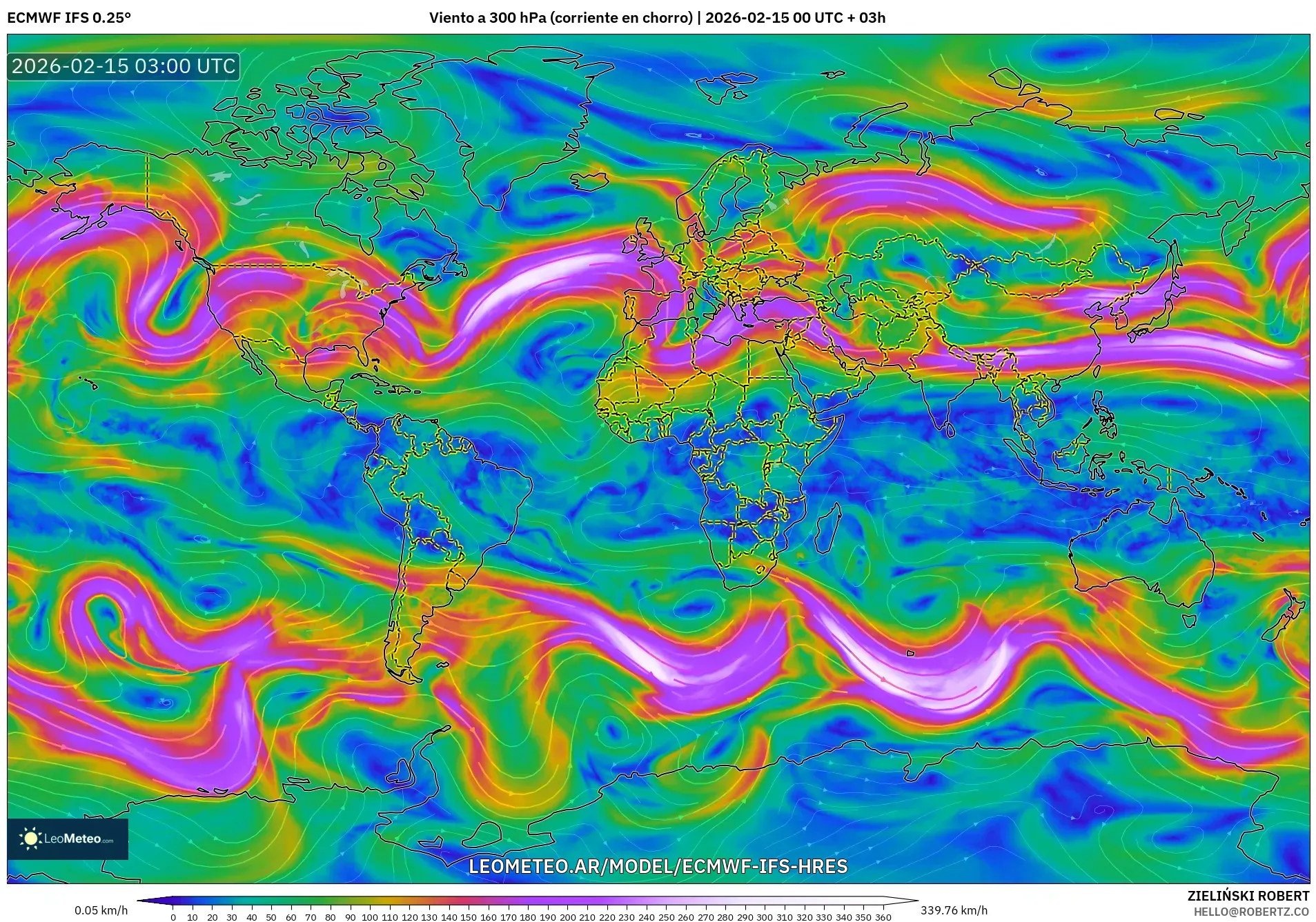 ECMWF IFS 0.25° model - Mundo, Viento a 300 hPa (corriente en chorro)