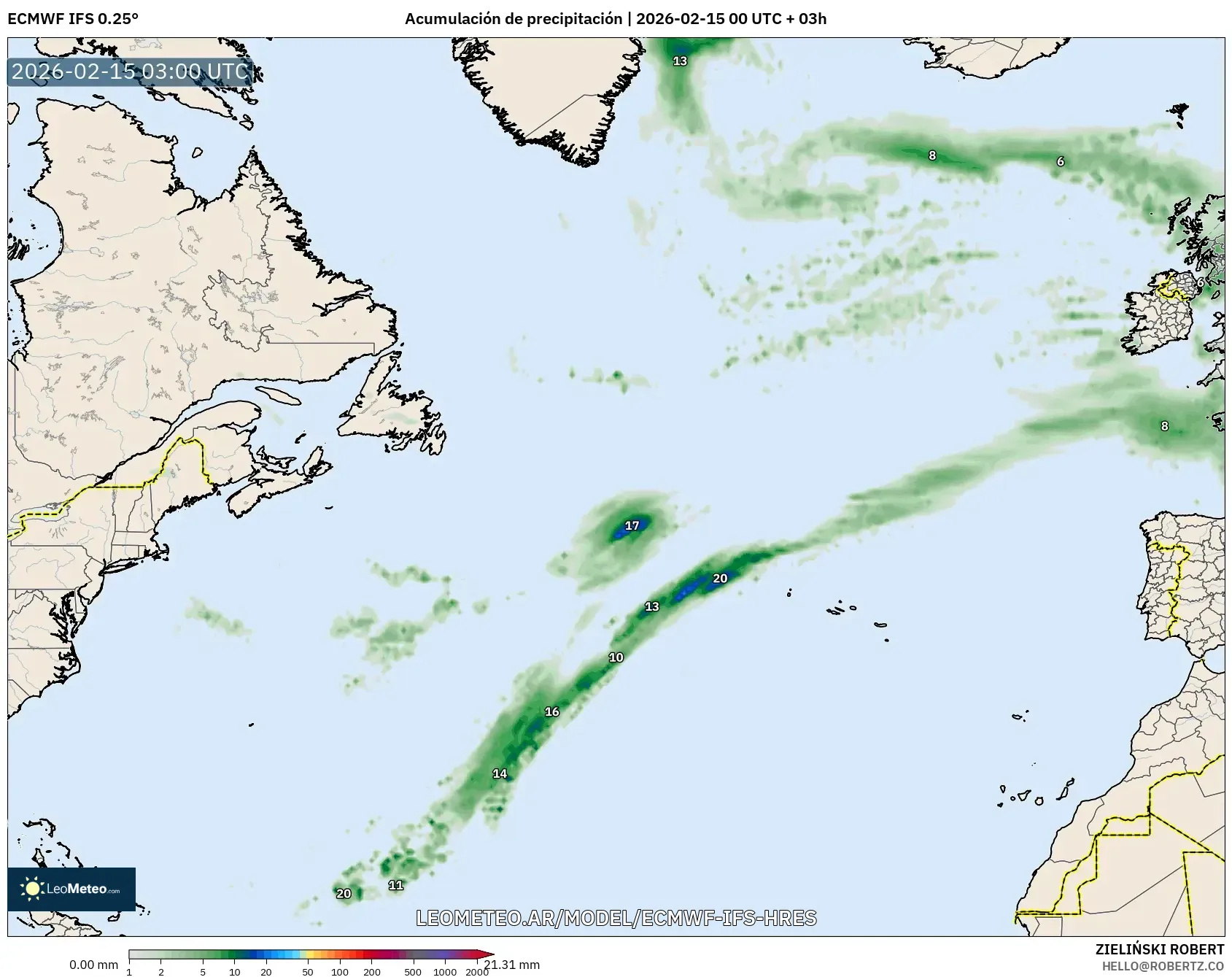 ECMWF IFS 0.25° model - Norte Atlántico, Acumulación de precipitación