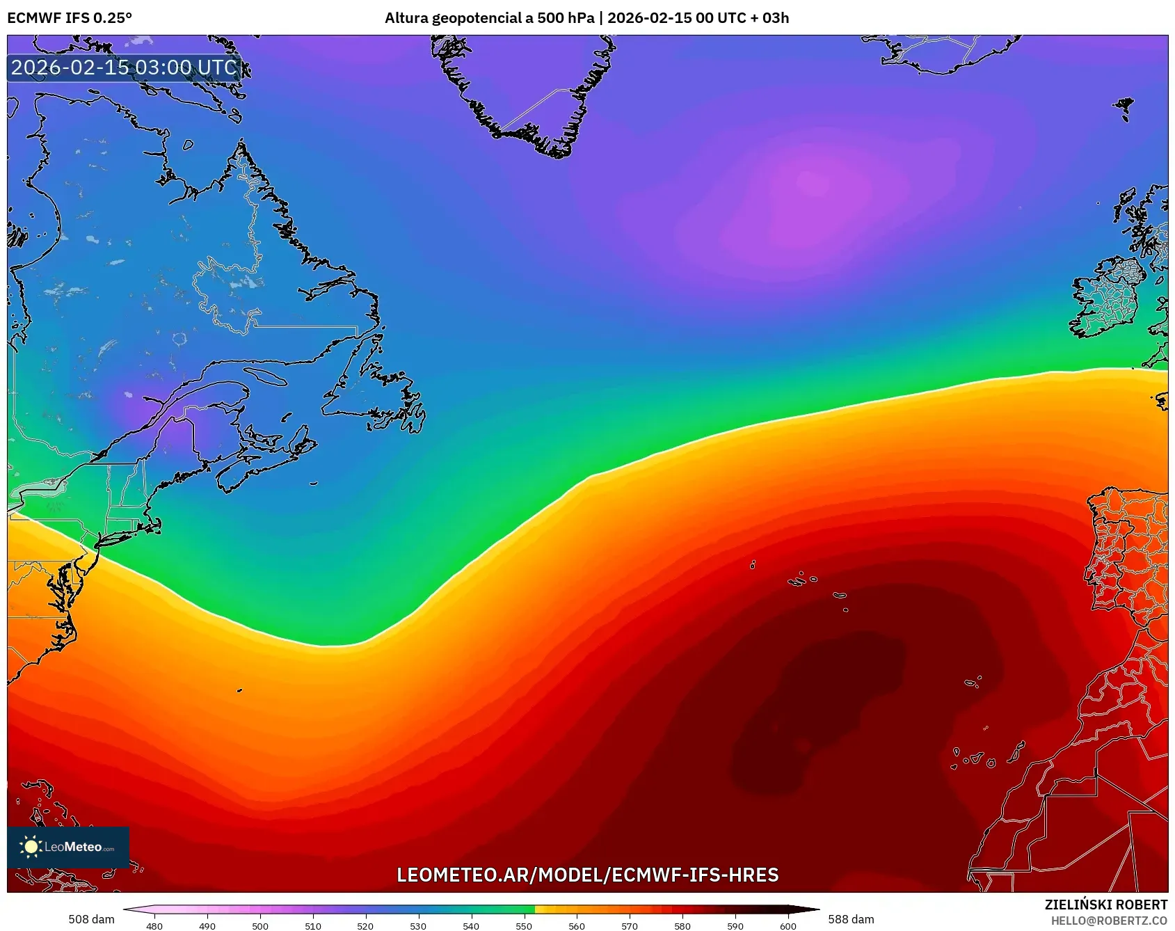 ECMWF IFS 0.25° model - Norte Atlántico, Altura geopotencial a 500 hPa