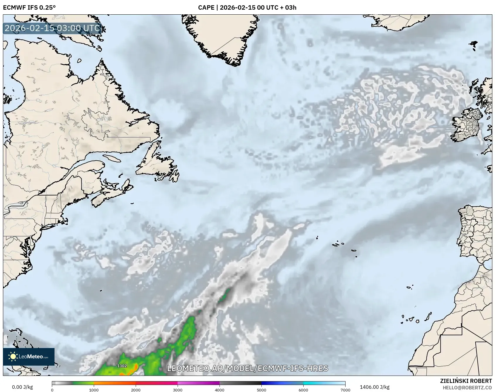 ECMWF IFS 0.25° model - Norte Atlántico, CAPE