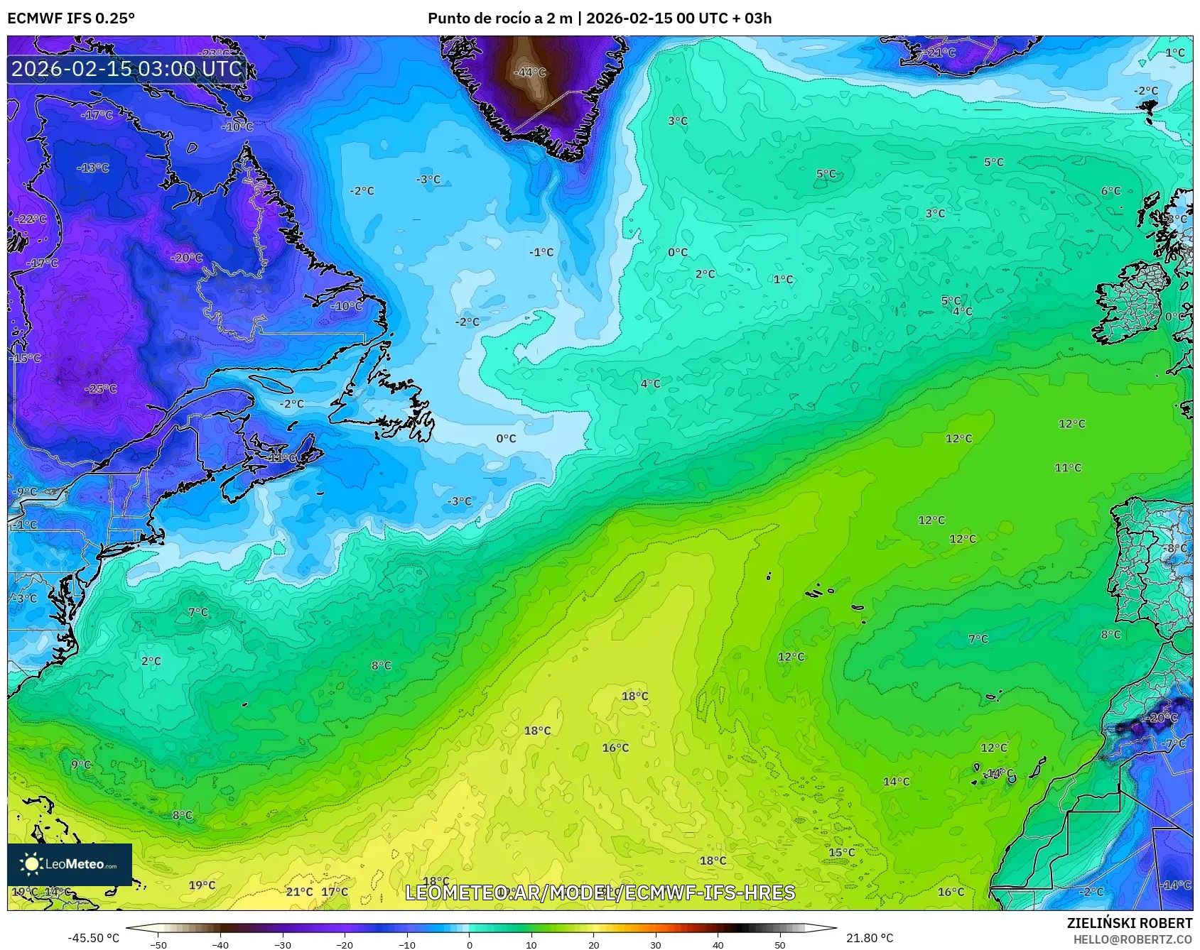 ECMWF IFS 0.25° model - Norte Atlántico, Punto de rocío a 2 m