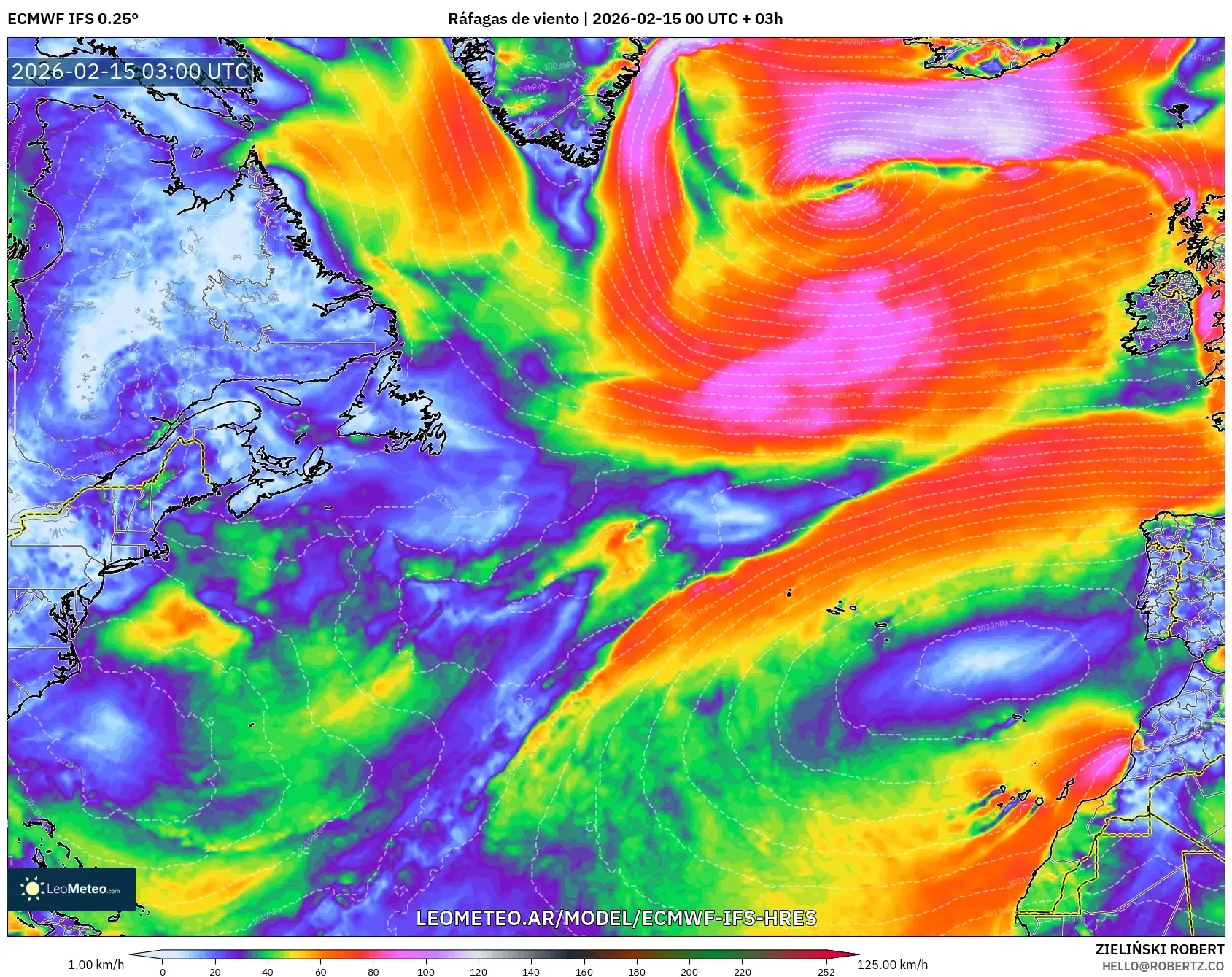 ECMWF IFS 0.25° model - Norte Atlántico, Ráfagas de viento