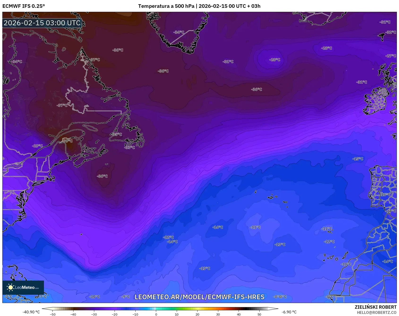 ECMWF IFS 0.25° model - Norte Atlántico, Temperatura a 500 hPa