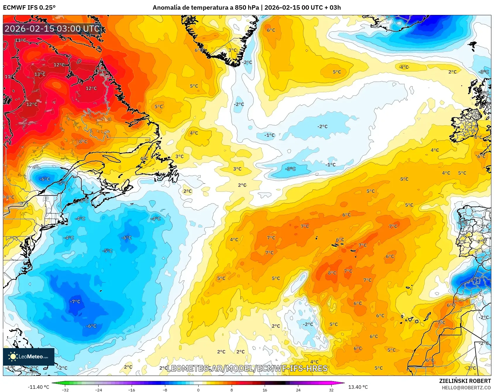 ECMWF IFS 0.25° model - Norte Atlántico, Anomalía de temperatura a 850 hPa