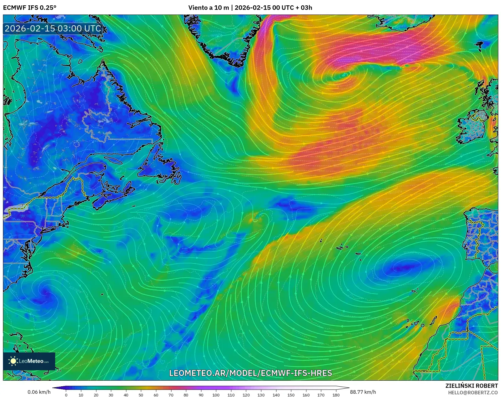 ECMWF IFS 0.25° model - Norte Atlántico, Viento a 10 m